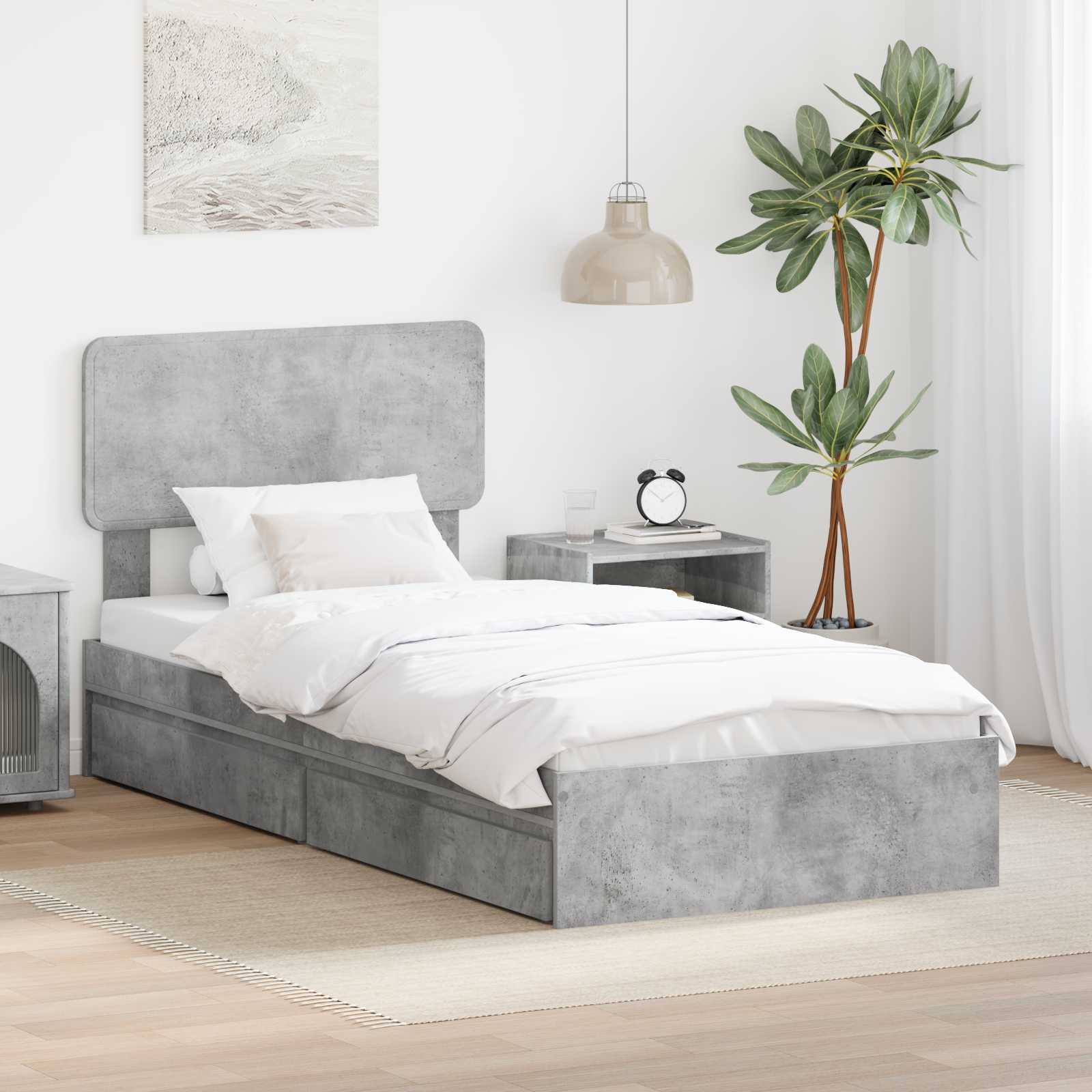 Cama con almacenamiento con cabecera Gris Concreto 90 x 190 cm