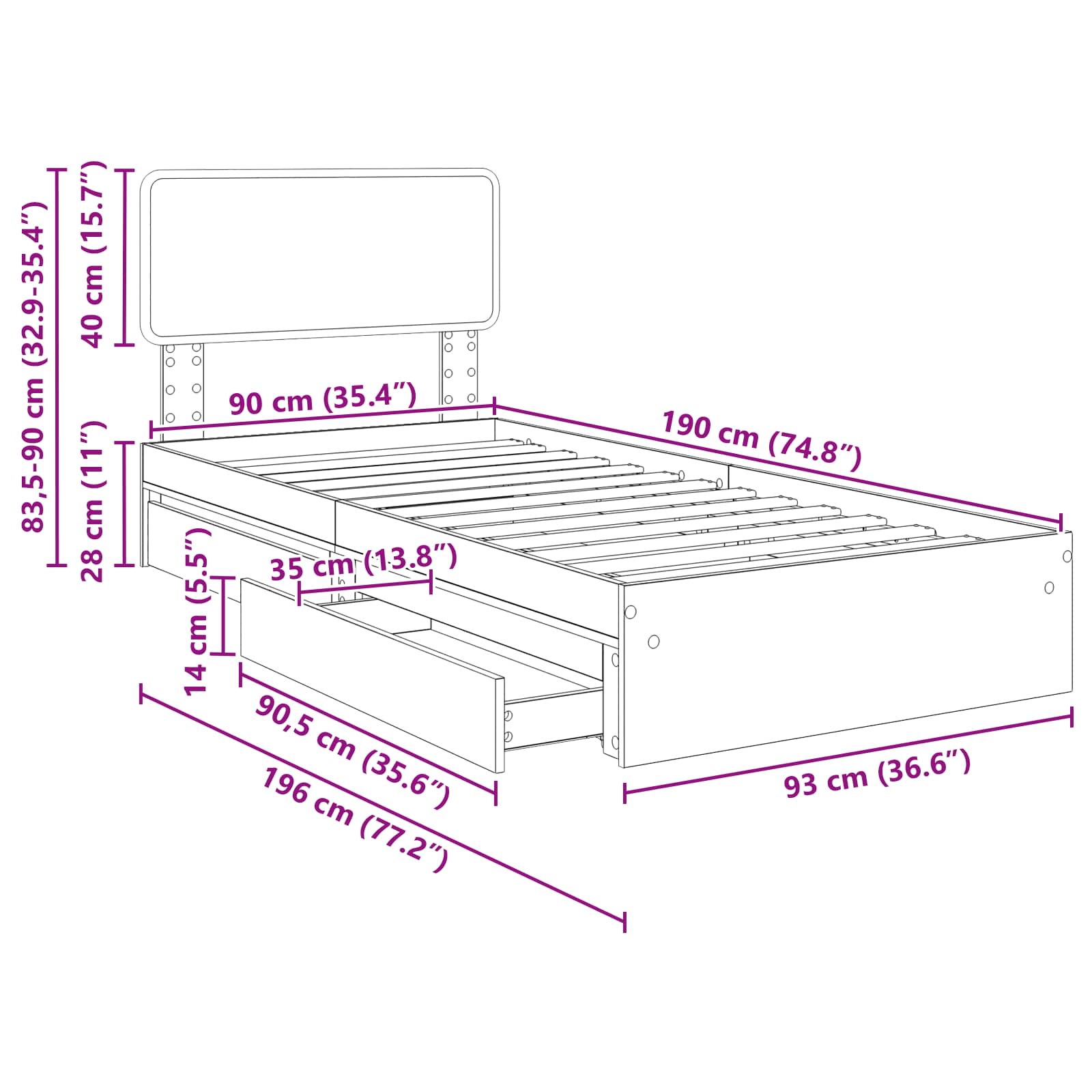 Cama con almacenamiento con cabecera Gris Sonoma 90 x 190 cm