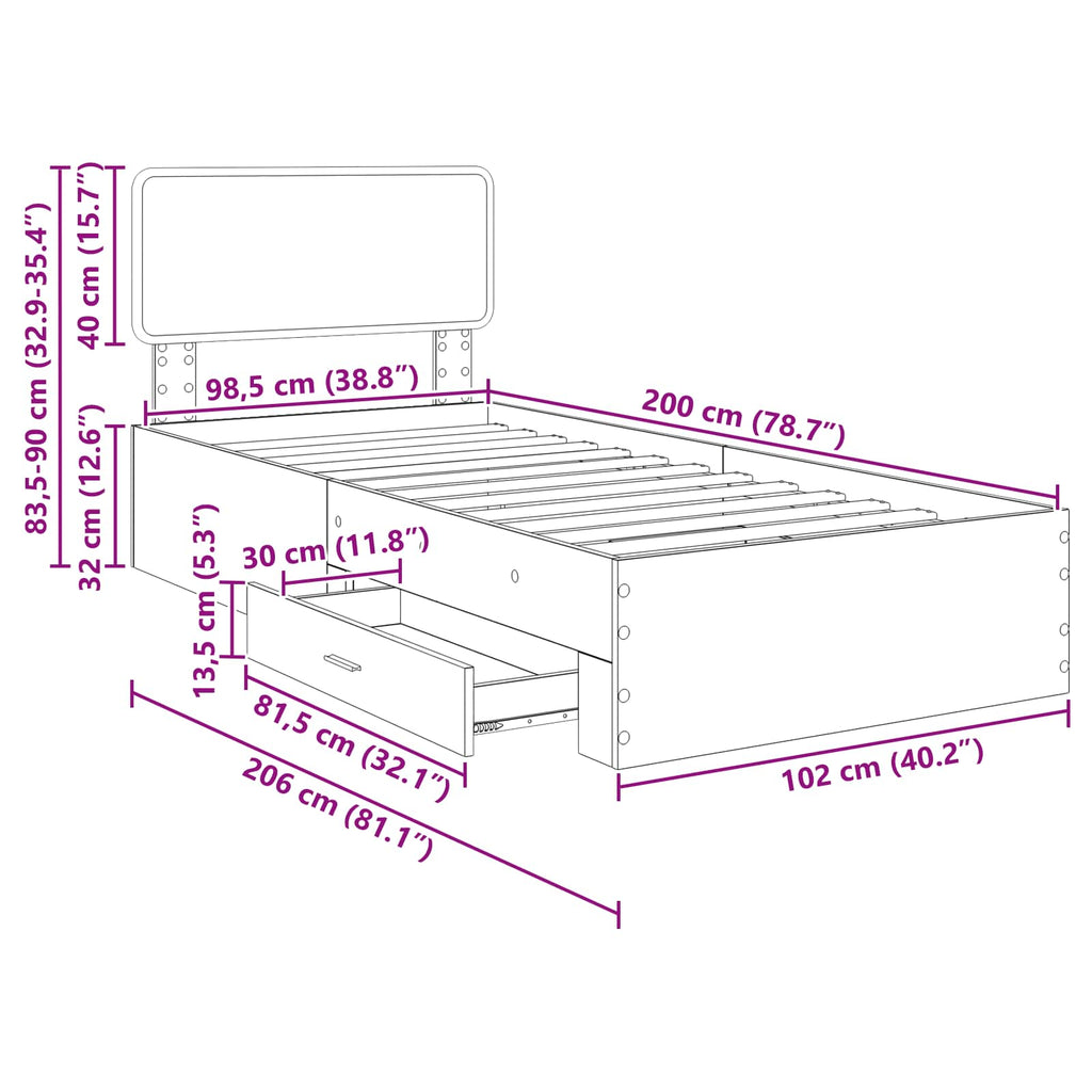 Estructura de cama con cabecera Gris Concreto 100 x 200 cm