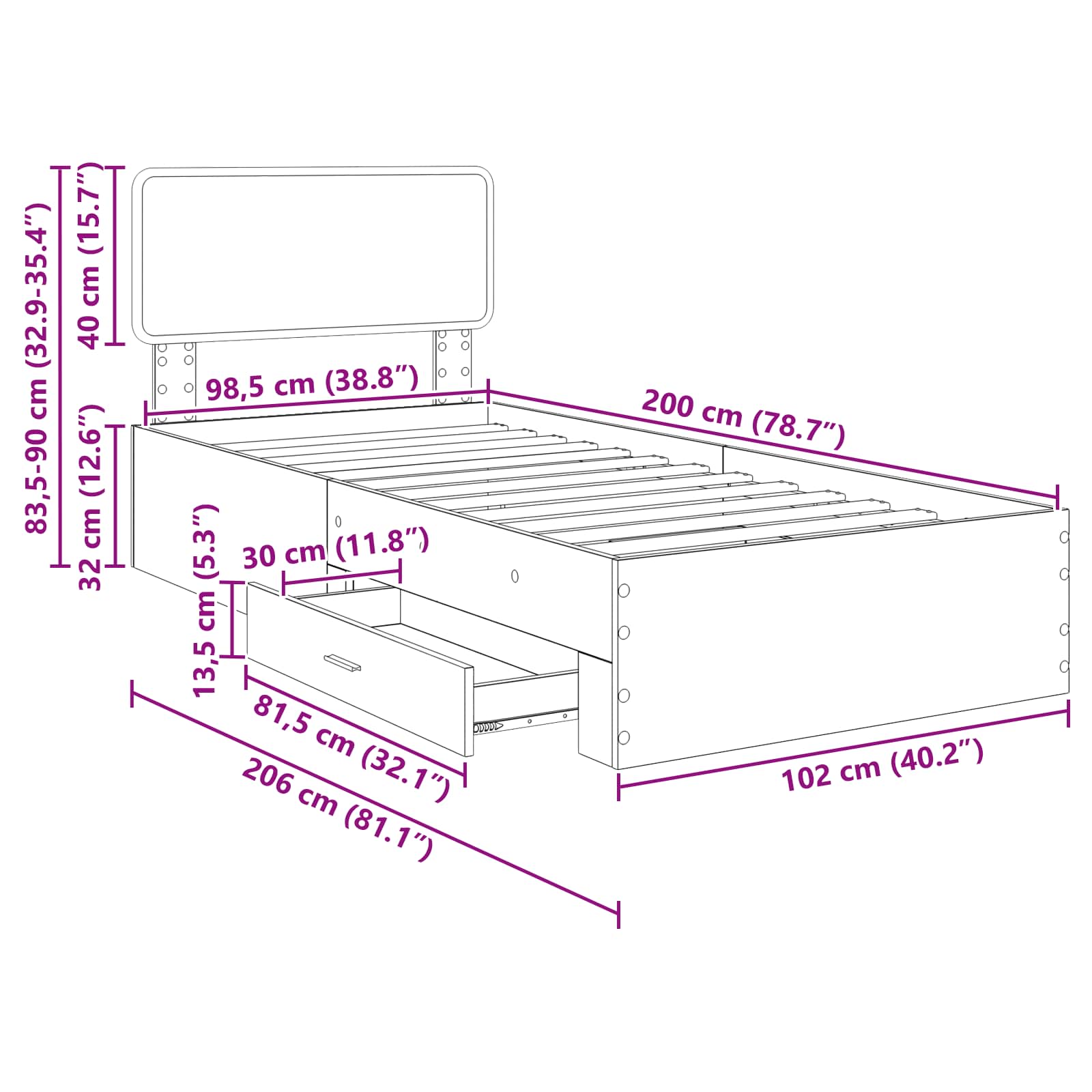 Estructura de cama con cabecera Gris Concreto 100 x 200 cm