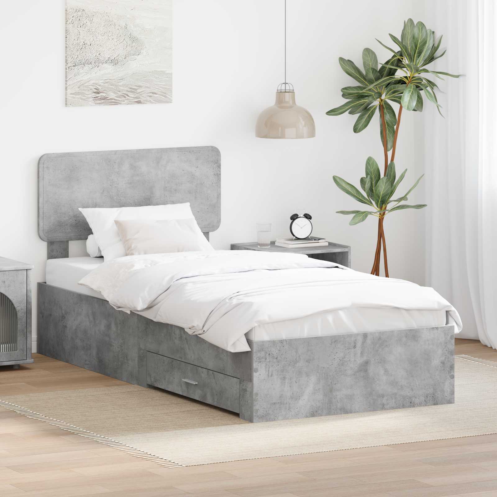 Estrutura de Cama com Cabeceira Cinzento Betão 100 x 200 cm