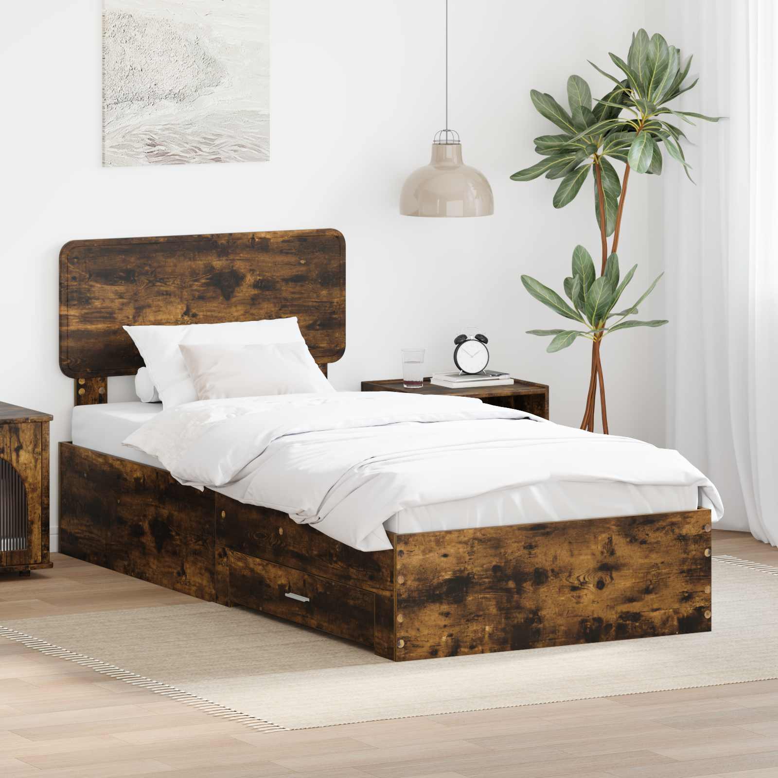 Estrutura de Cama com Cabeceira Cinzento Betão 100 x 200 cm