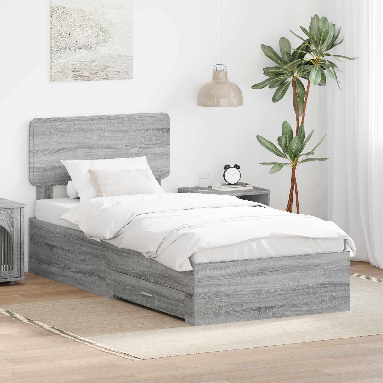 Estrutura de Cama com Cabeceira Cinzento Betão 100 x 200 cm