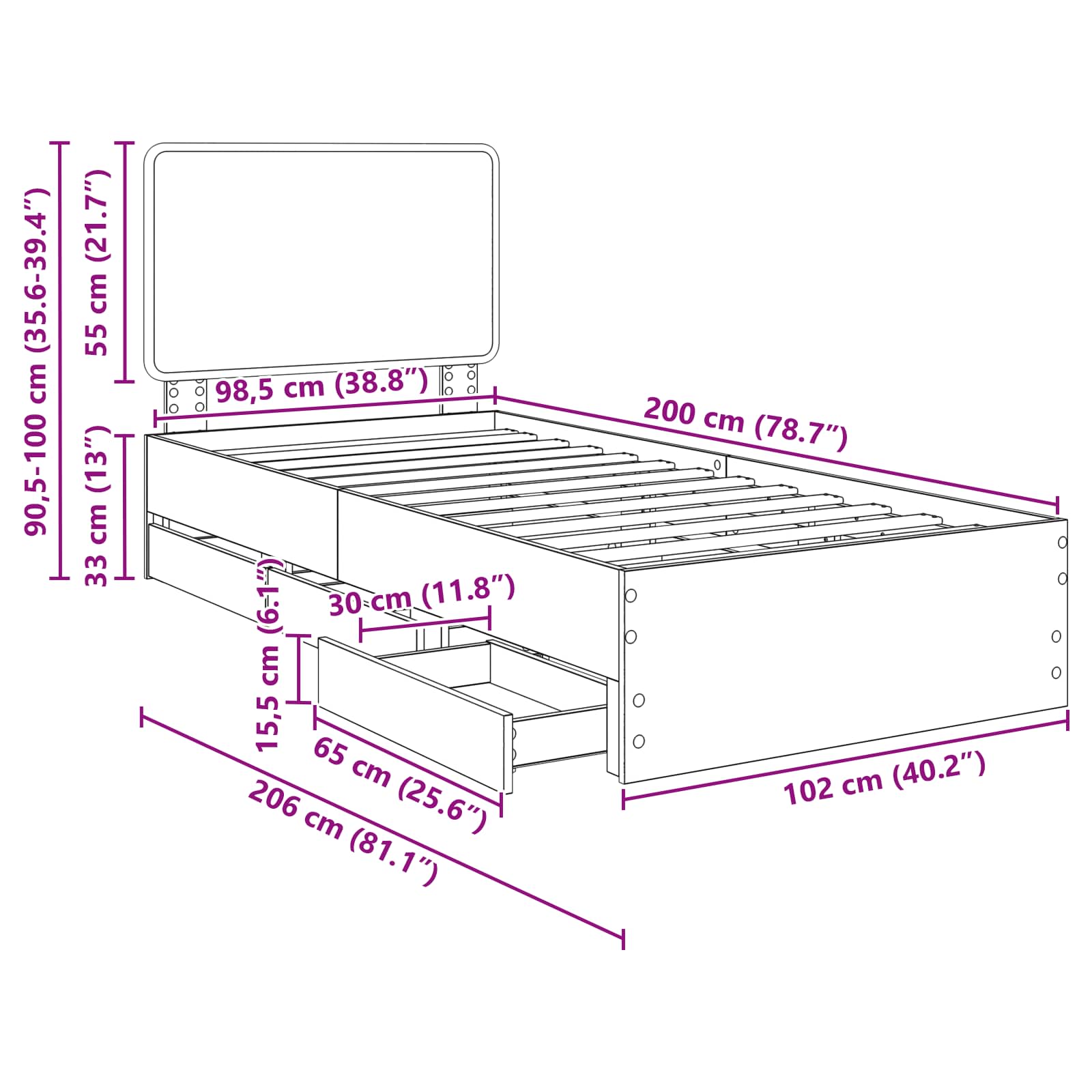Estructura de cama con cajón 100 x 200 cm Madera Ingenieril
