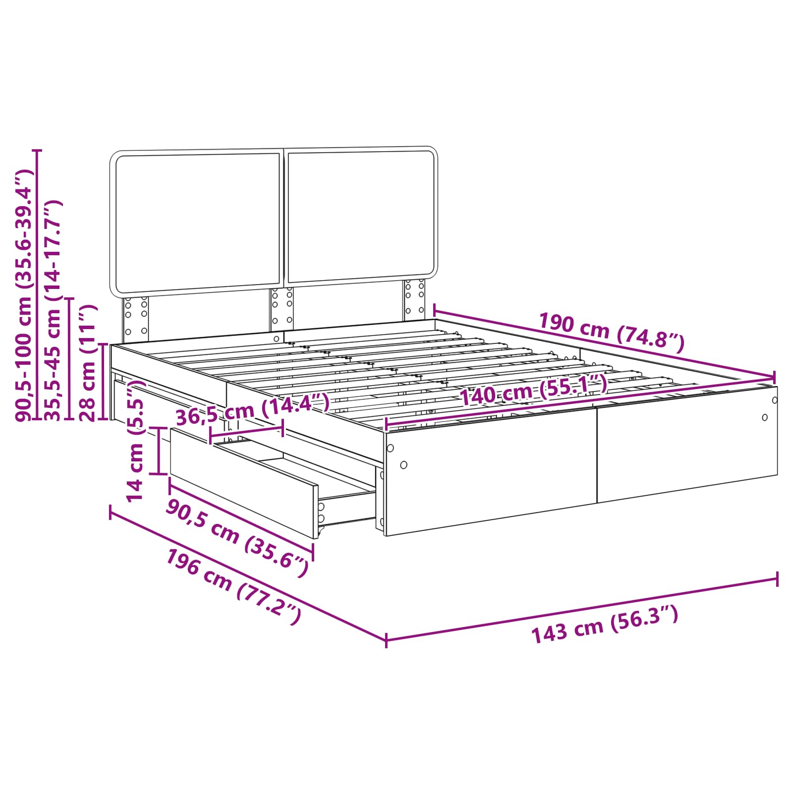 Cama con almacenamiento 140 x 190 cm Madera de ingeniería