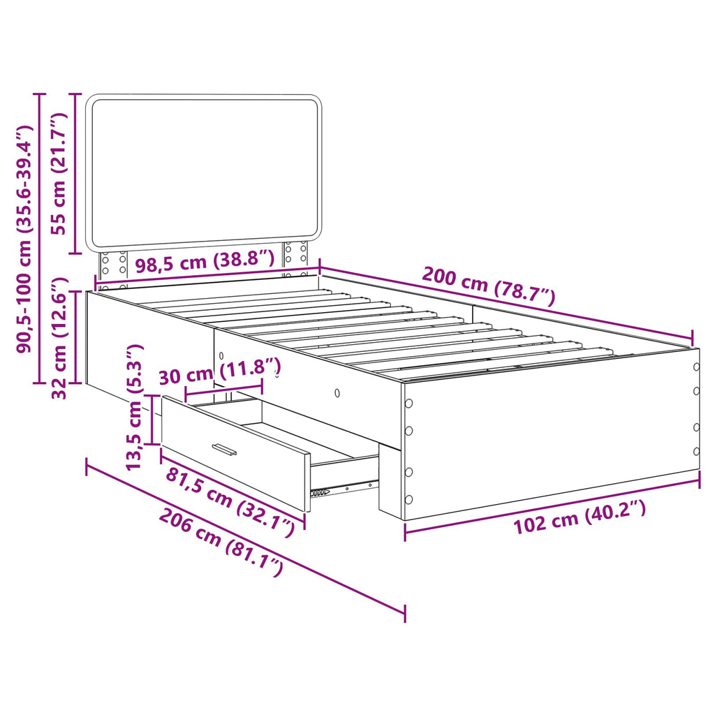 Estructura de cama con cabecera Gris Concreto 100 x 200 cm