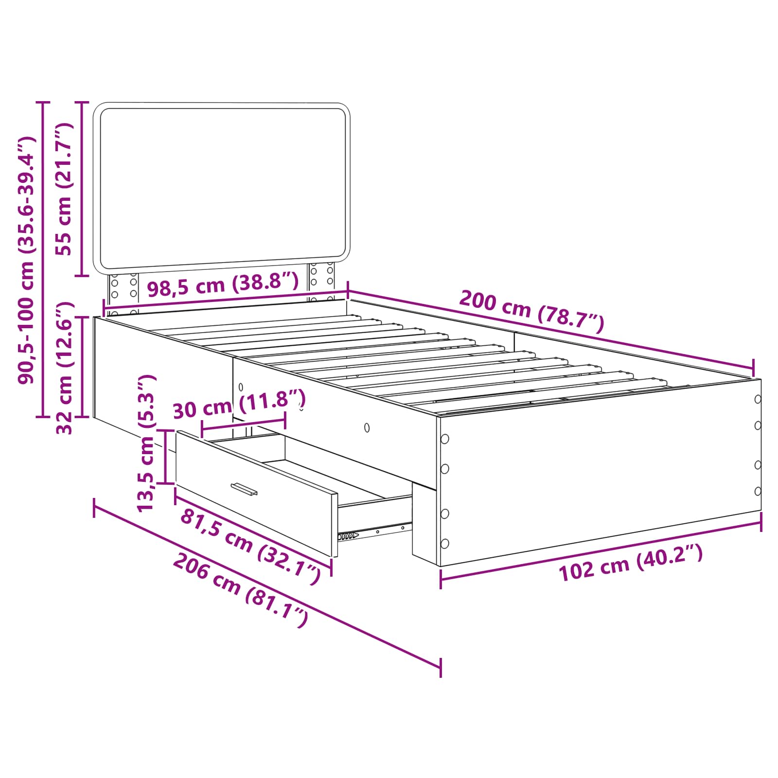 Estructura de cama con cabecera Gris Concreto 100 x 200 cm