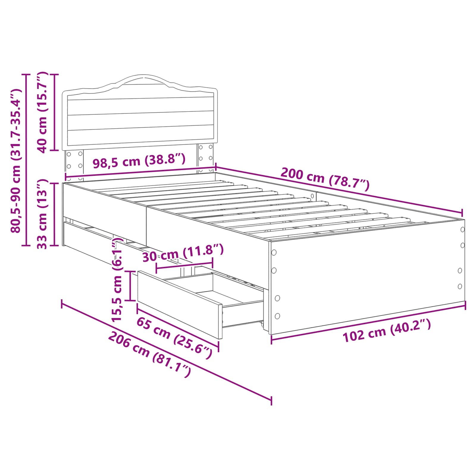 Estructura de cama con cajón 100 x 200 cm Madera Ingenieril
