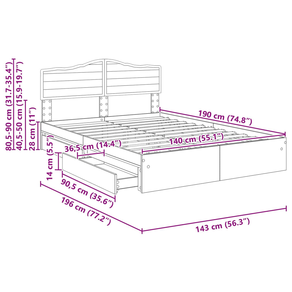 Cama con almacenamiento 140 x 190 cm Madera de ingeniería