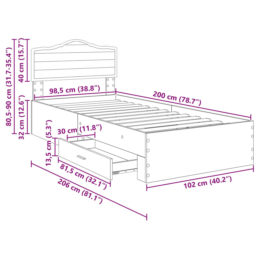 Estructura de cama con cabecera Gris Concreto 100 x 200 cm
