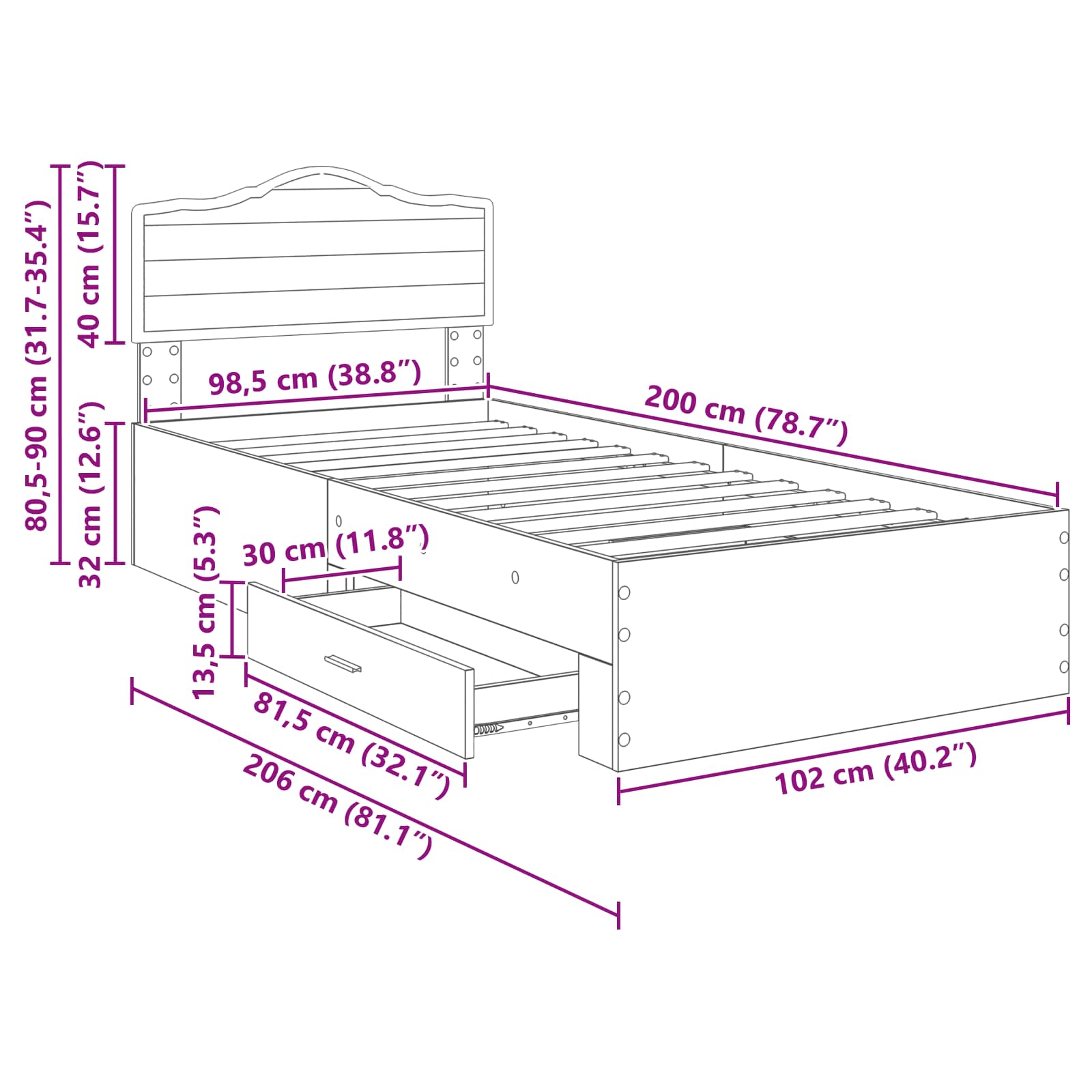 Estructura de cama con cabecera Gris Concreto 100 x 200 cm