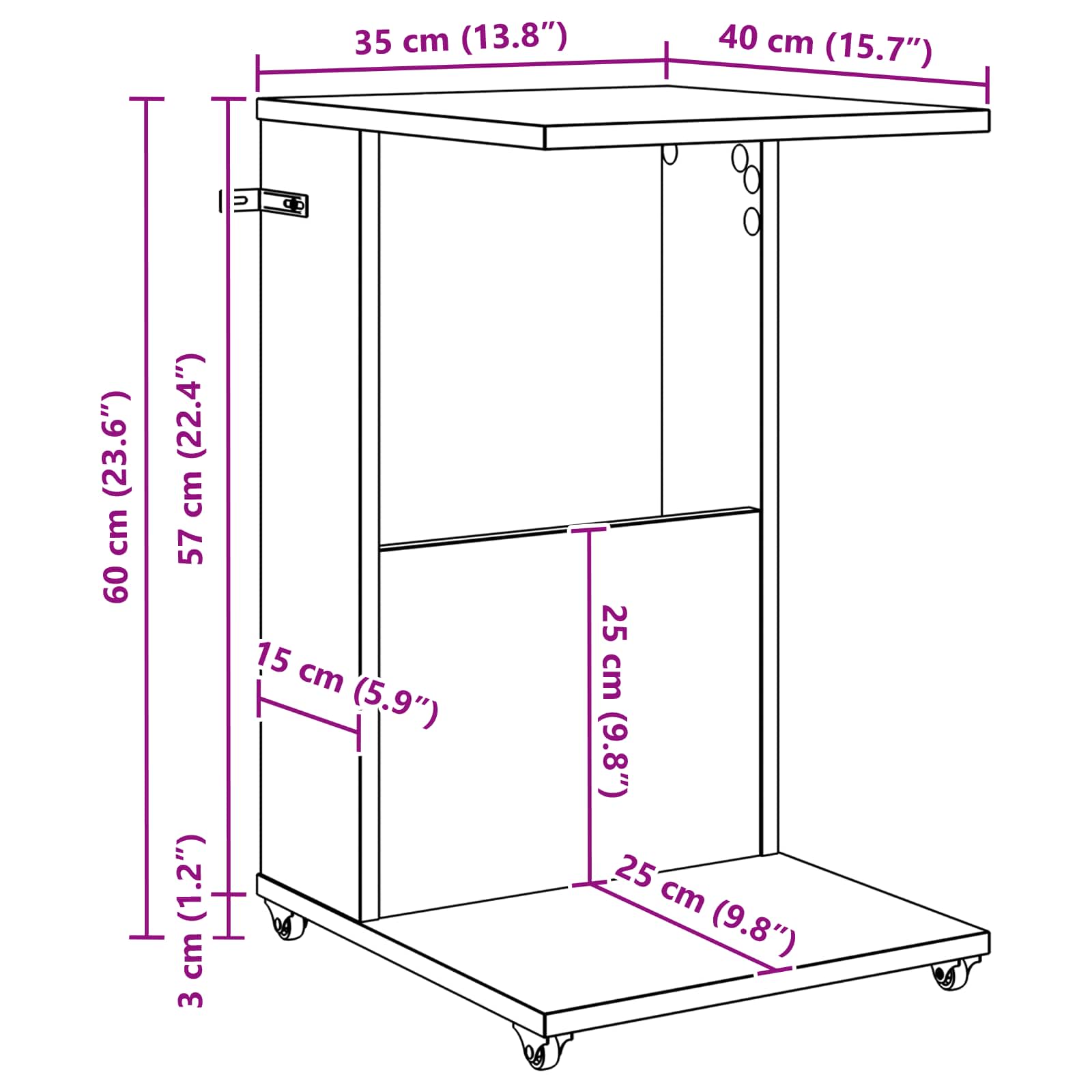 Mesa lateral con rueda 40 x 35 x 60 cm Madera de ingeniería