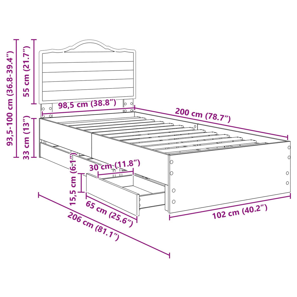 Estructura de cama Roble Ahumado 100 x 200 cm Madera Ingenieril