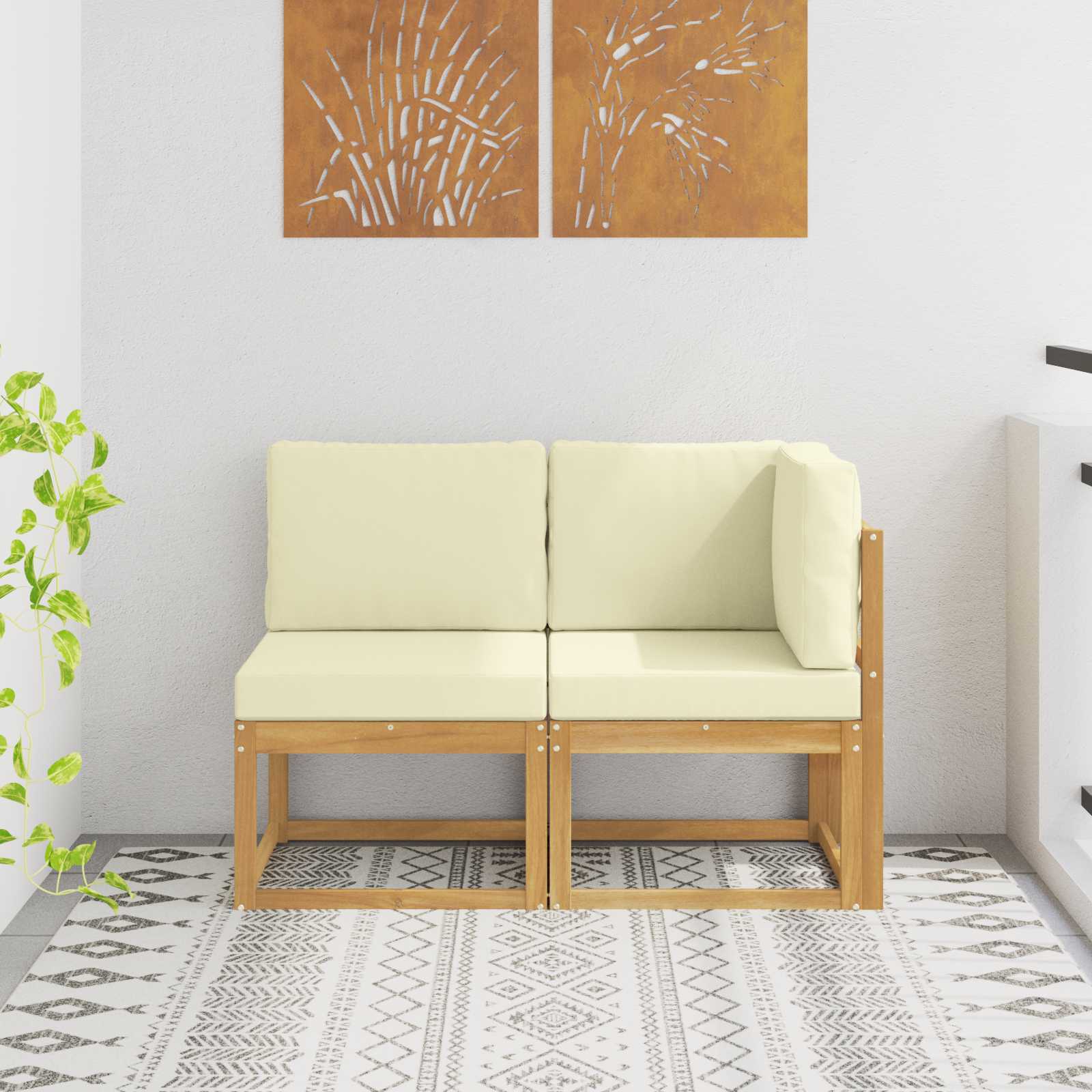 2-Piece Solid Acacia Wood Outdoor Middle Sofa