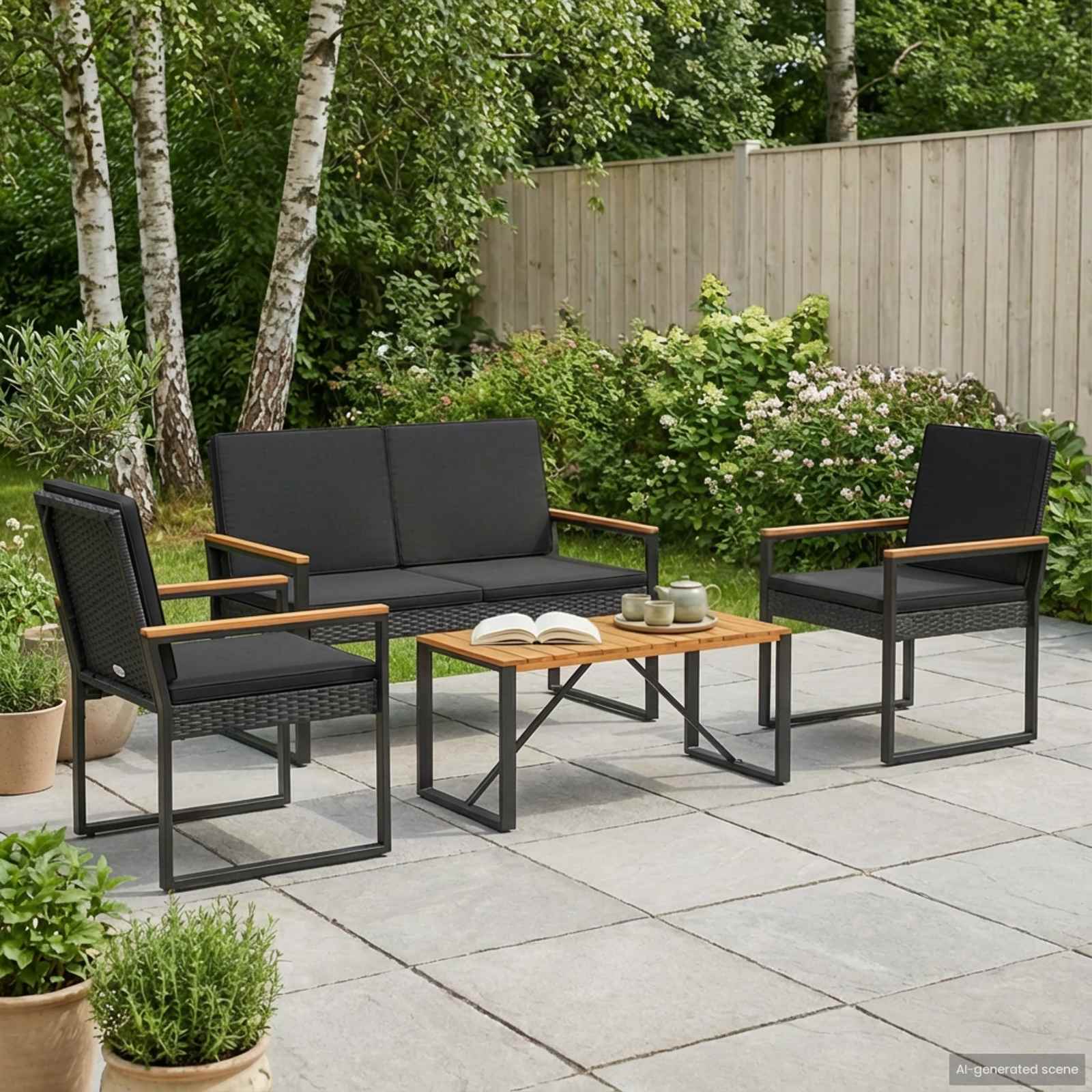 Juego de muebles de exterior 4 pcs Negro ratán sintético