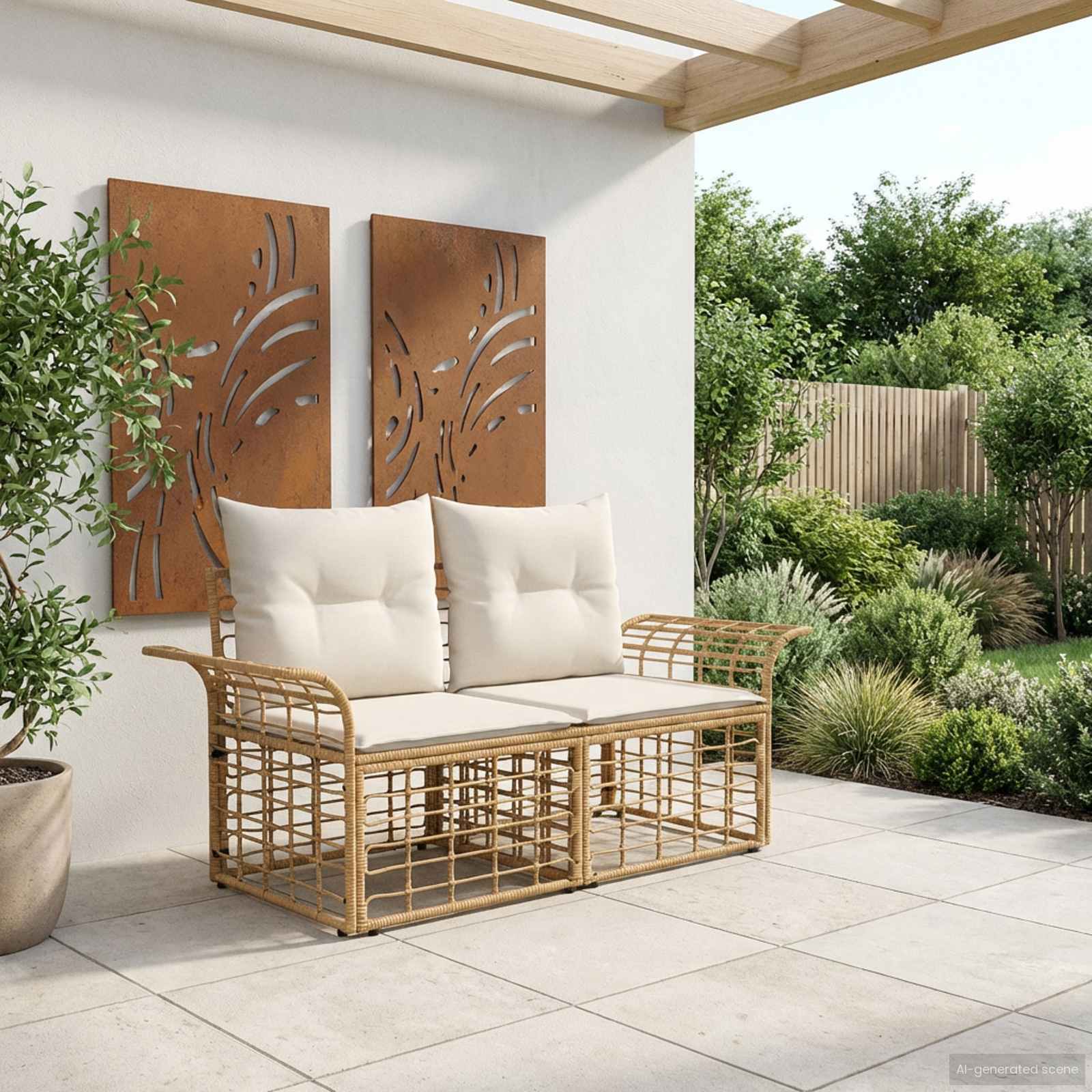 Loveseat de exterior 2 pcs Natural y Crema ratán sintético