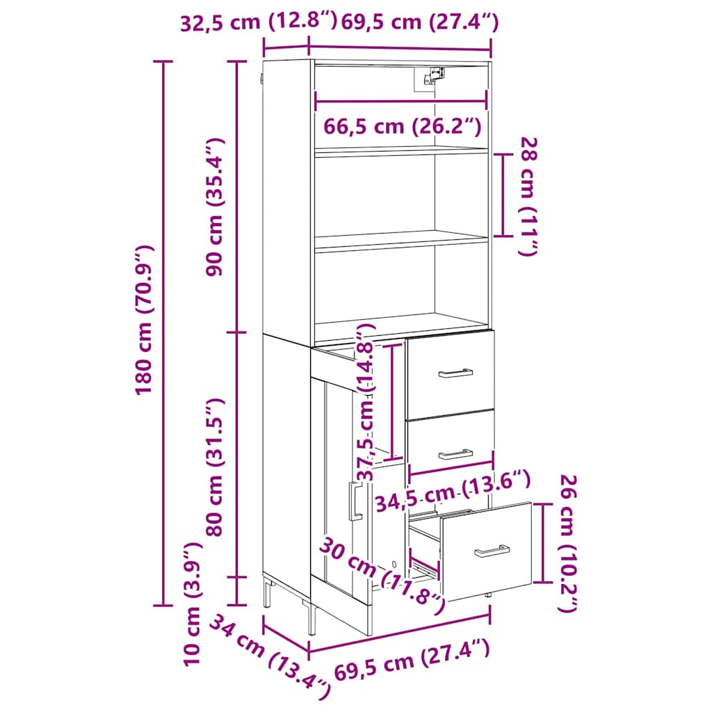 Aparador alto con cajón Madera vieja 69,5 x 34 x 180 cm