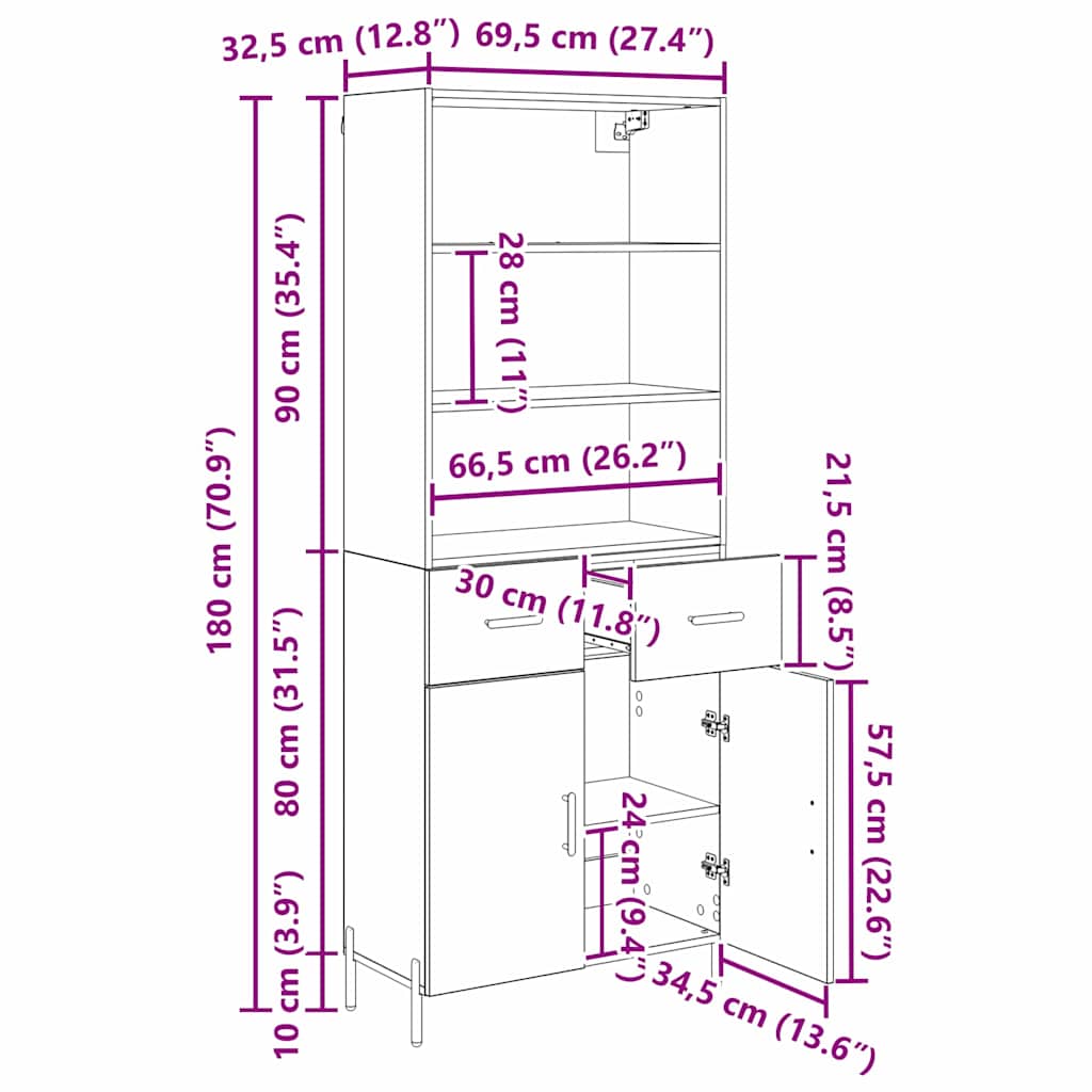 Aparador alto con cajón Madera envejecida 69,5 x 32,5 x 180 cm