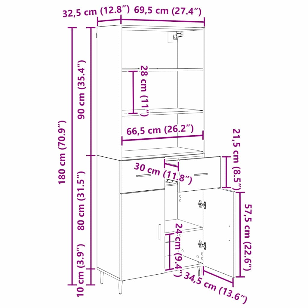 Aparador alto con cajón Madera envejecida 69,5 x 34 x 180 cm