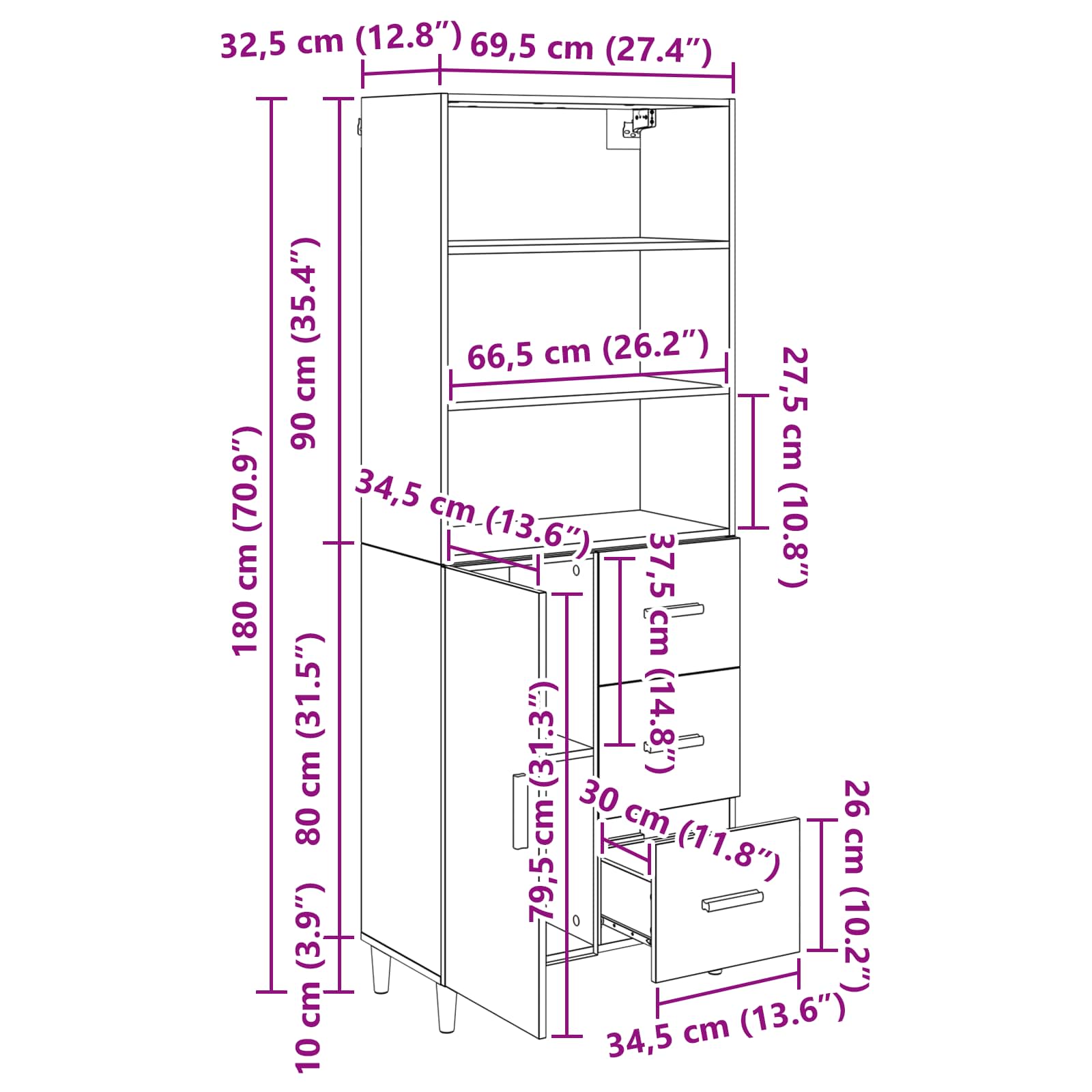Aparador alto con cajón Madera envejecida 69,5 x 32,5 x 180 cm