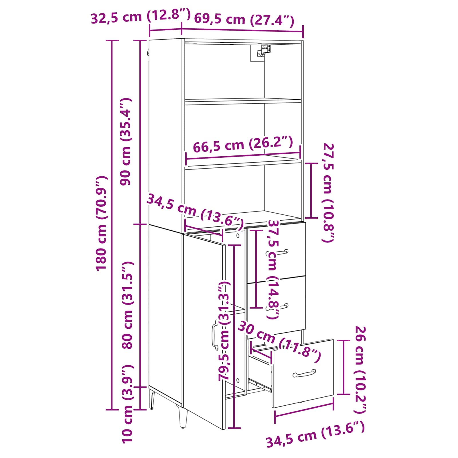Aparador alto con cajón Madera envejecida 69,5 x 34 x 180 cm