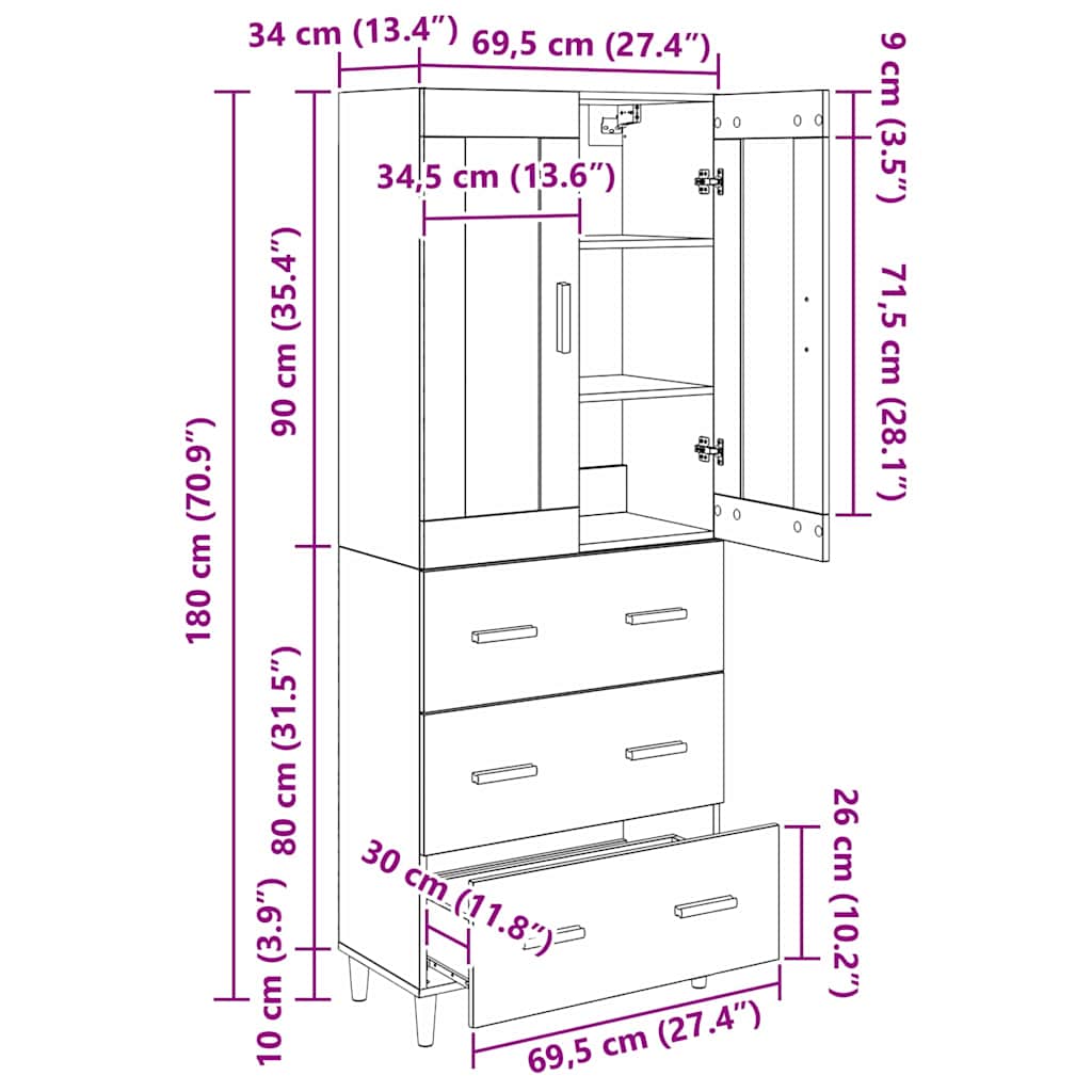 Aparador alto con cajón Madera envejecida 69,5 x 34 x 180 cm