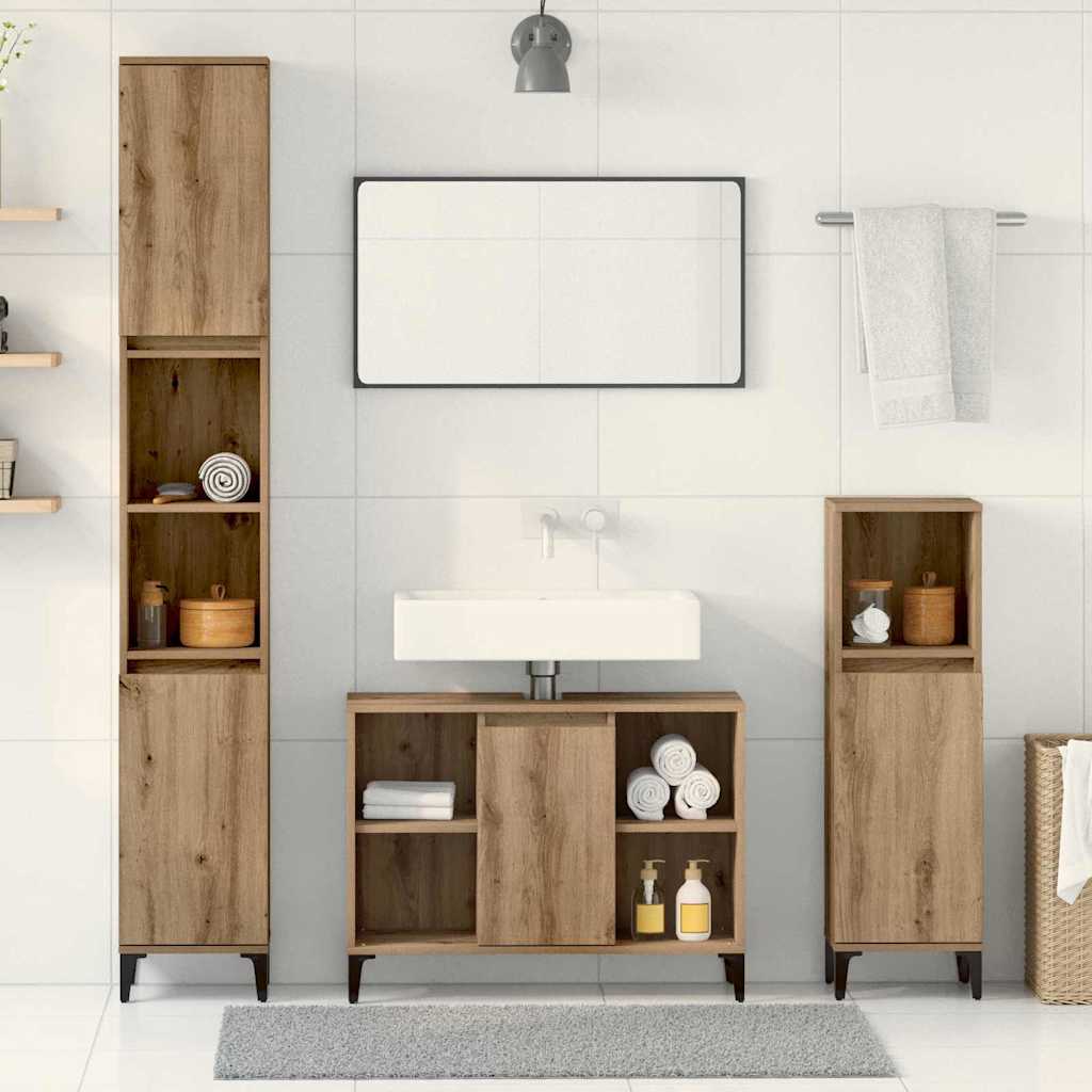 Juego de muebles de baño con estante 3 pcs Roble artesanal
