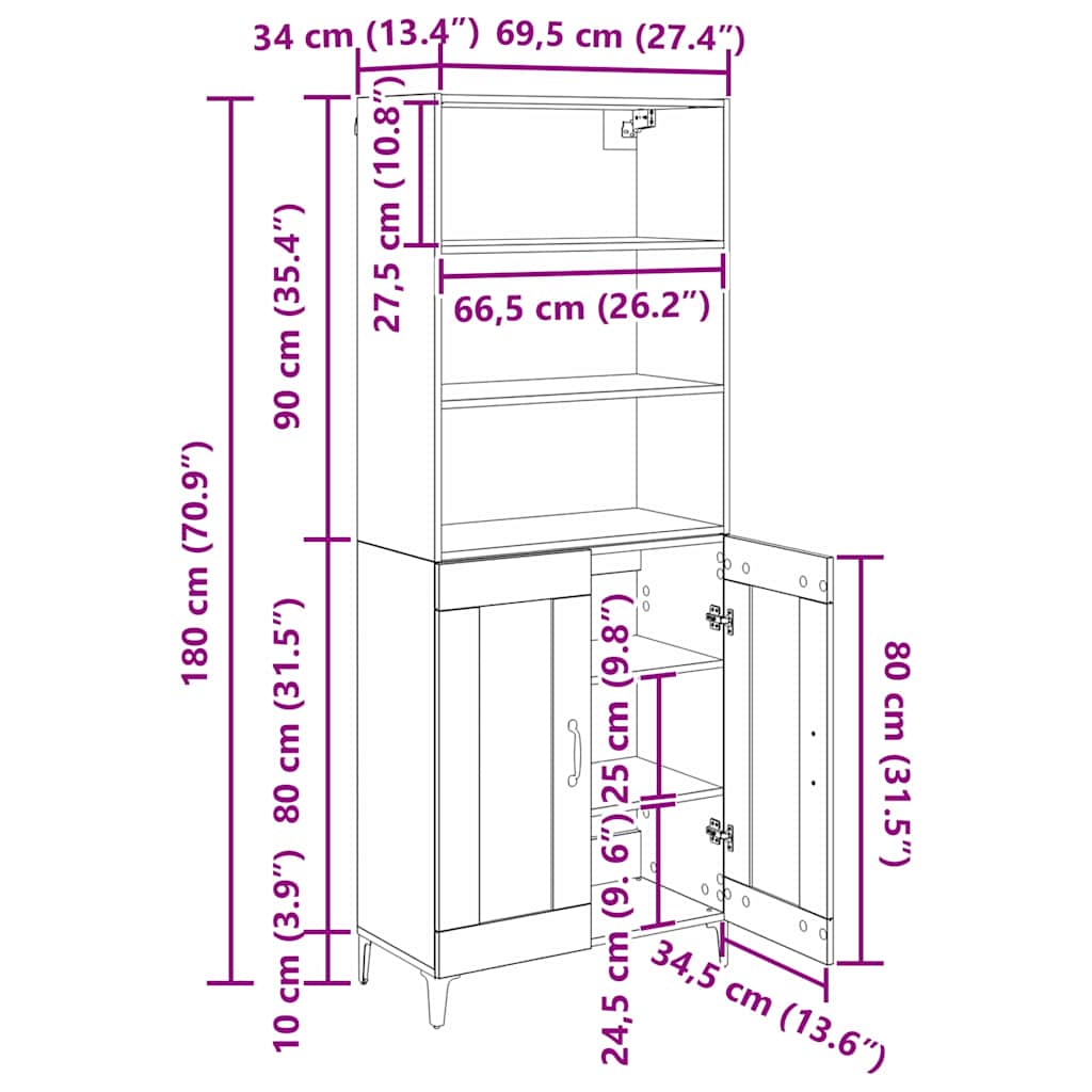 Aparador alto Roble artesanal 69,5 x 34 x 180 cm