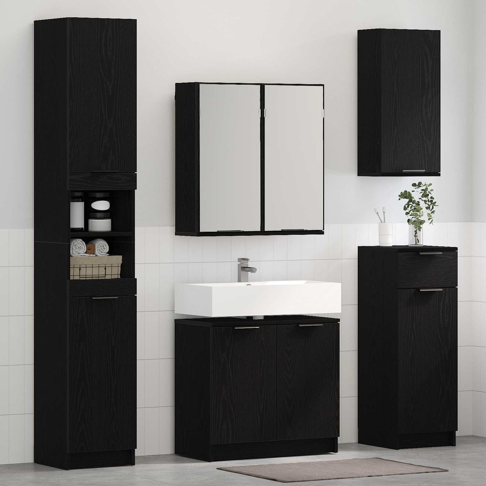 Juego de muebles de baño 5 pcs Roble Negro Madera de ingeniería
