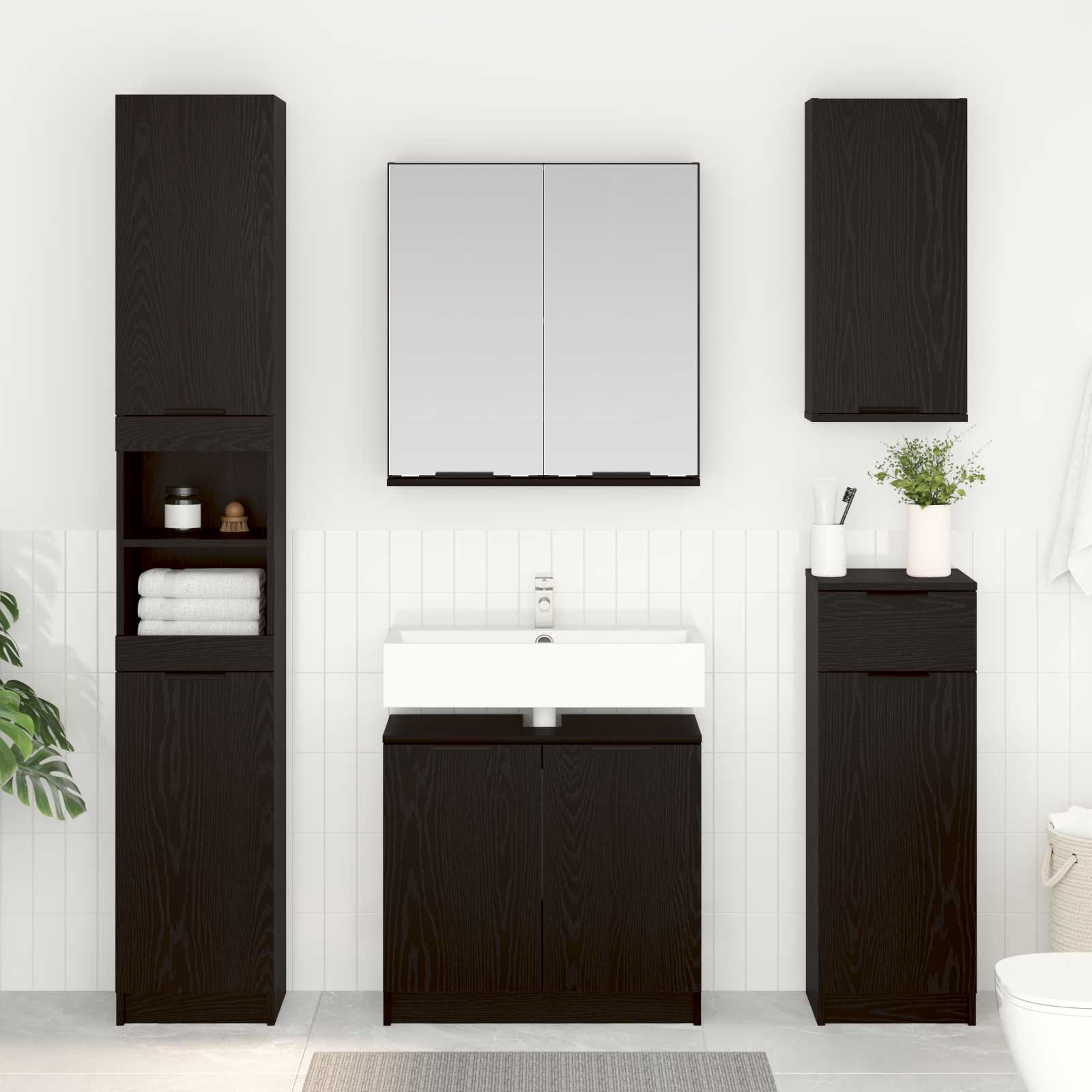 Juego de muebles de baño 5 pcs Roble Negro Madera de ingeniería