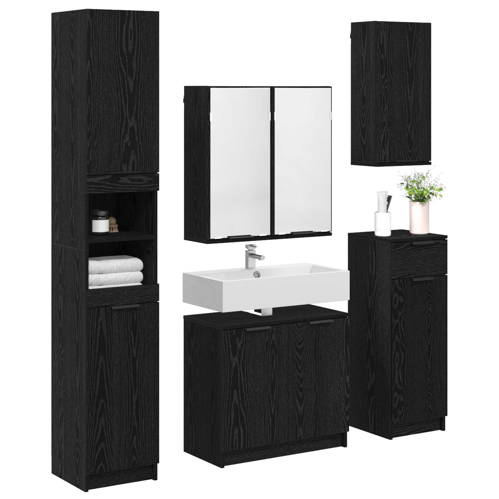 Juego de muebles de baño 5 pcs Roble Negro Madera de ingeniería