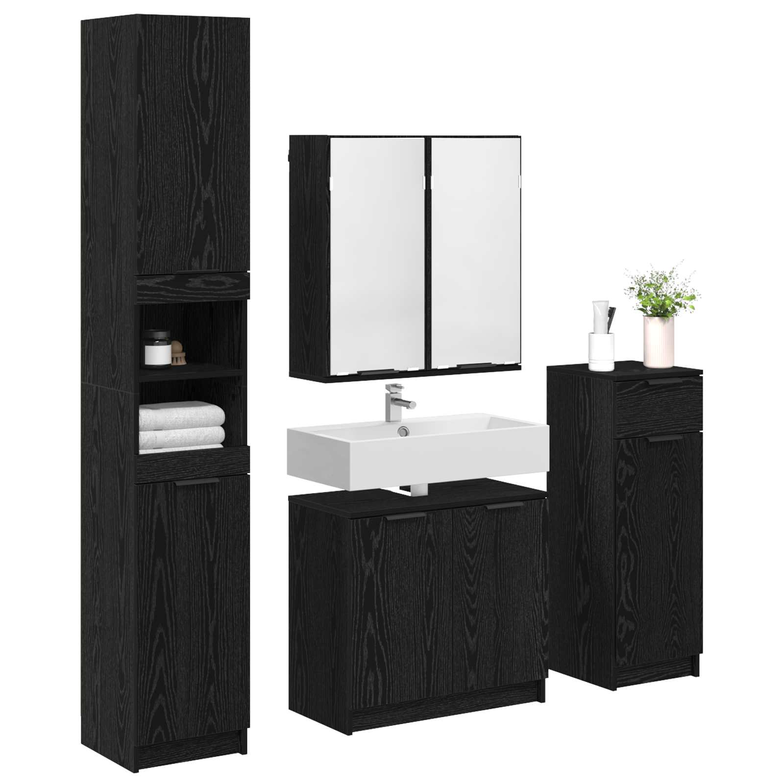 Juego de muebles de baño 4 pcs Roble Negro Madera de ingeniería