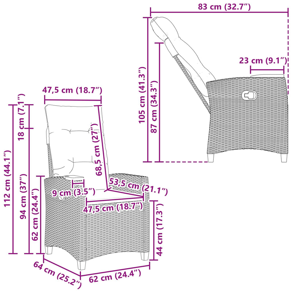 Silla reclinable con bandeja para té con cojín 62 x 64 x 112 cm
