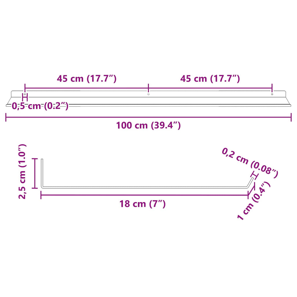 Estante flotante 2 pcs 100 x 18 x 2,5 cm Acero