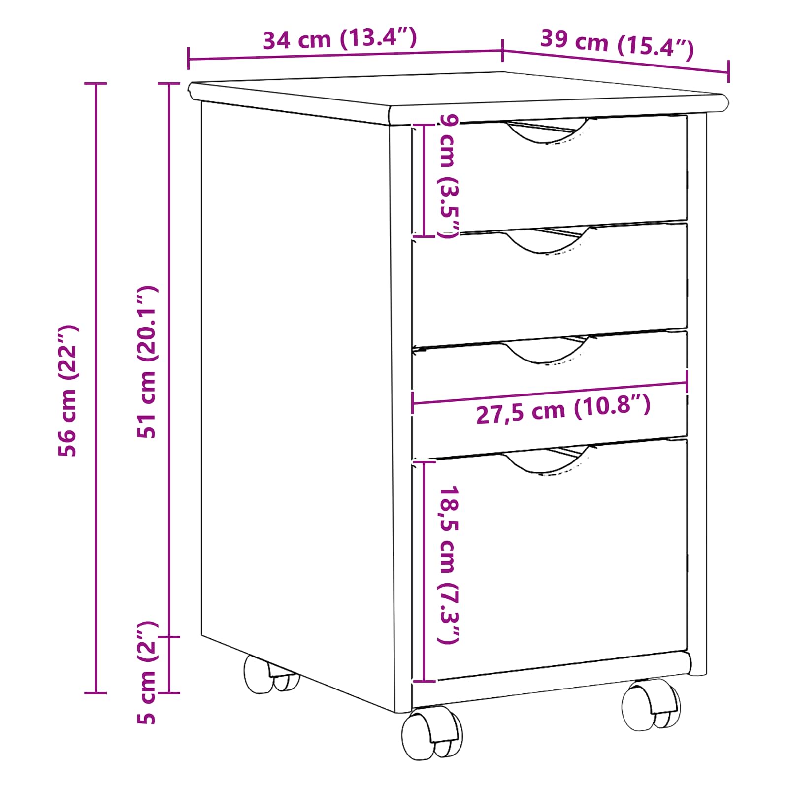Gabinete rodante con rueda 34 x 39 x 56 cm Pino macizo