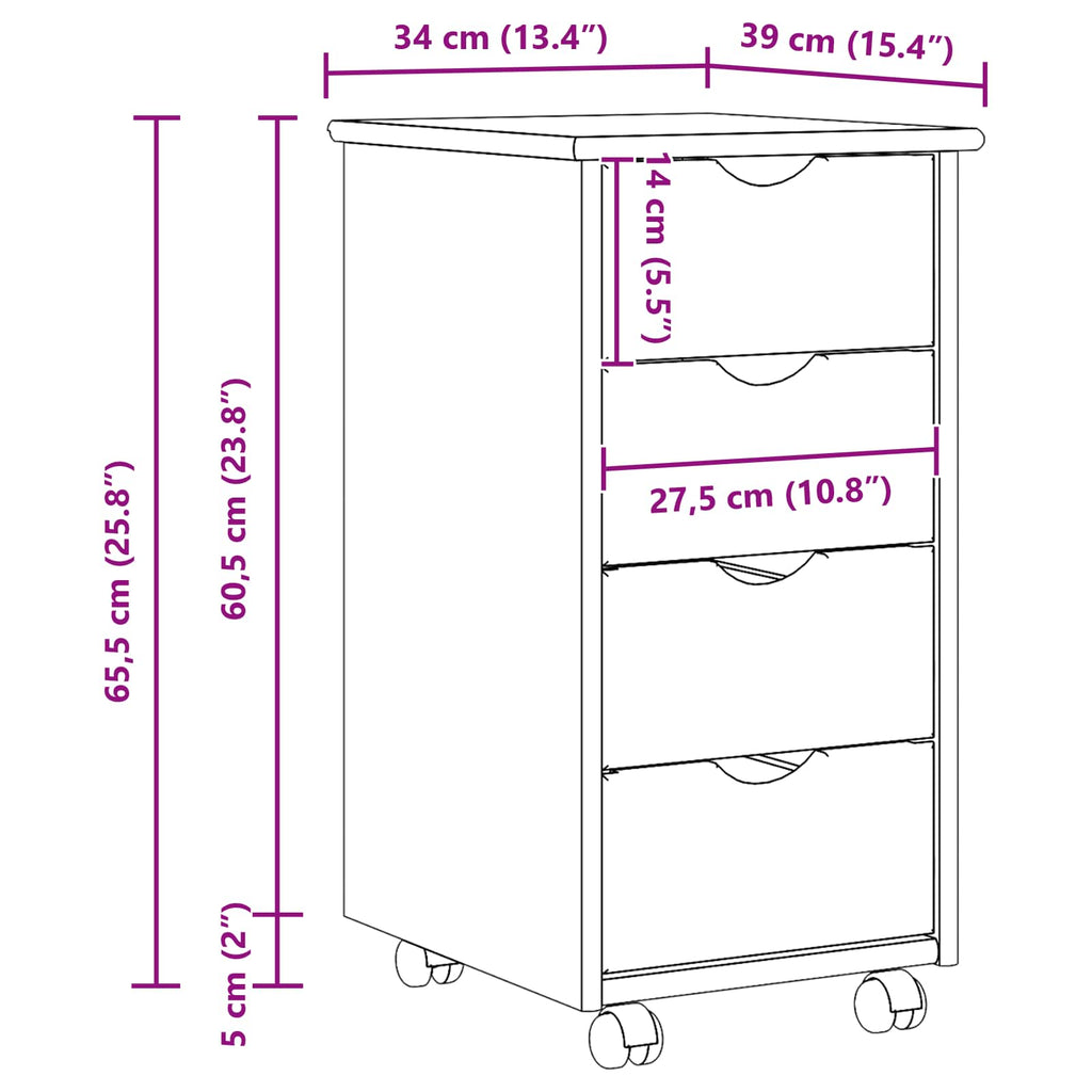 Gabinete rodante 34 x 39 x 65,5 cm Madera de Pino Macizo