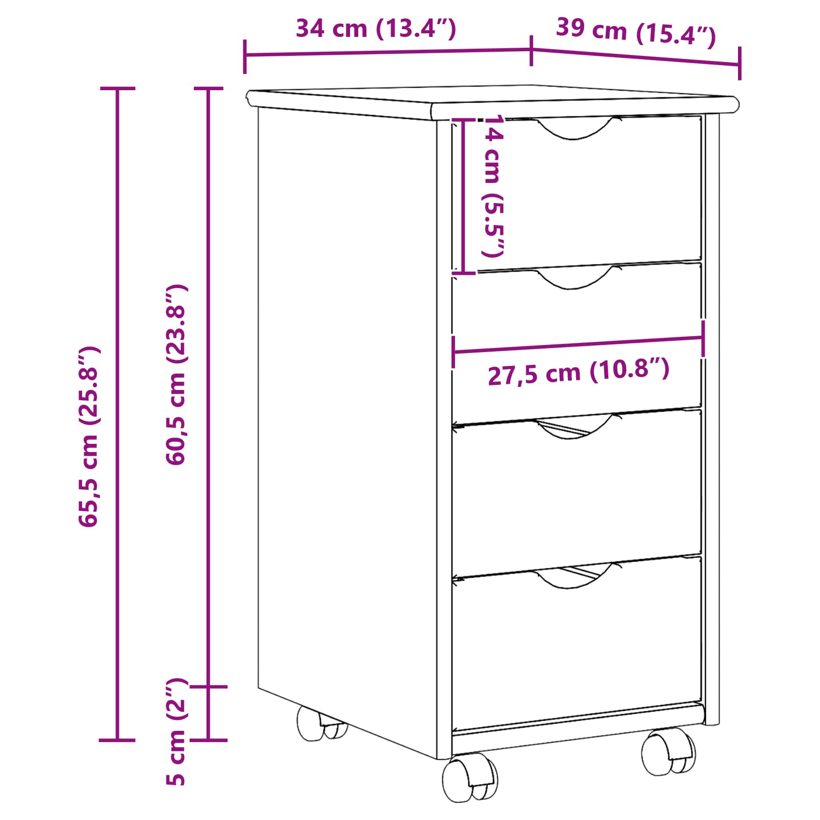 Gabinete rodante 34 x 39 x 65,5 cm Madera de Pino Macizo