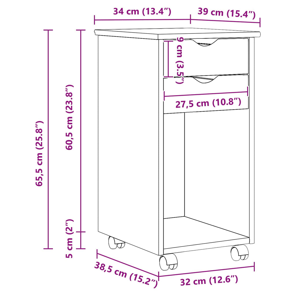Gabinete rodante 34 x 39 x 65,5 cm Pino macizo