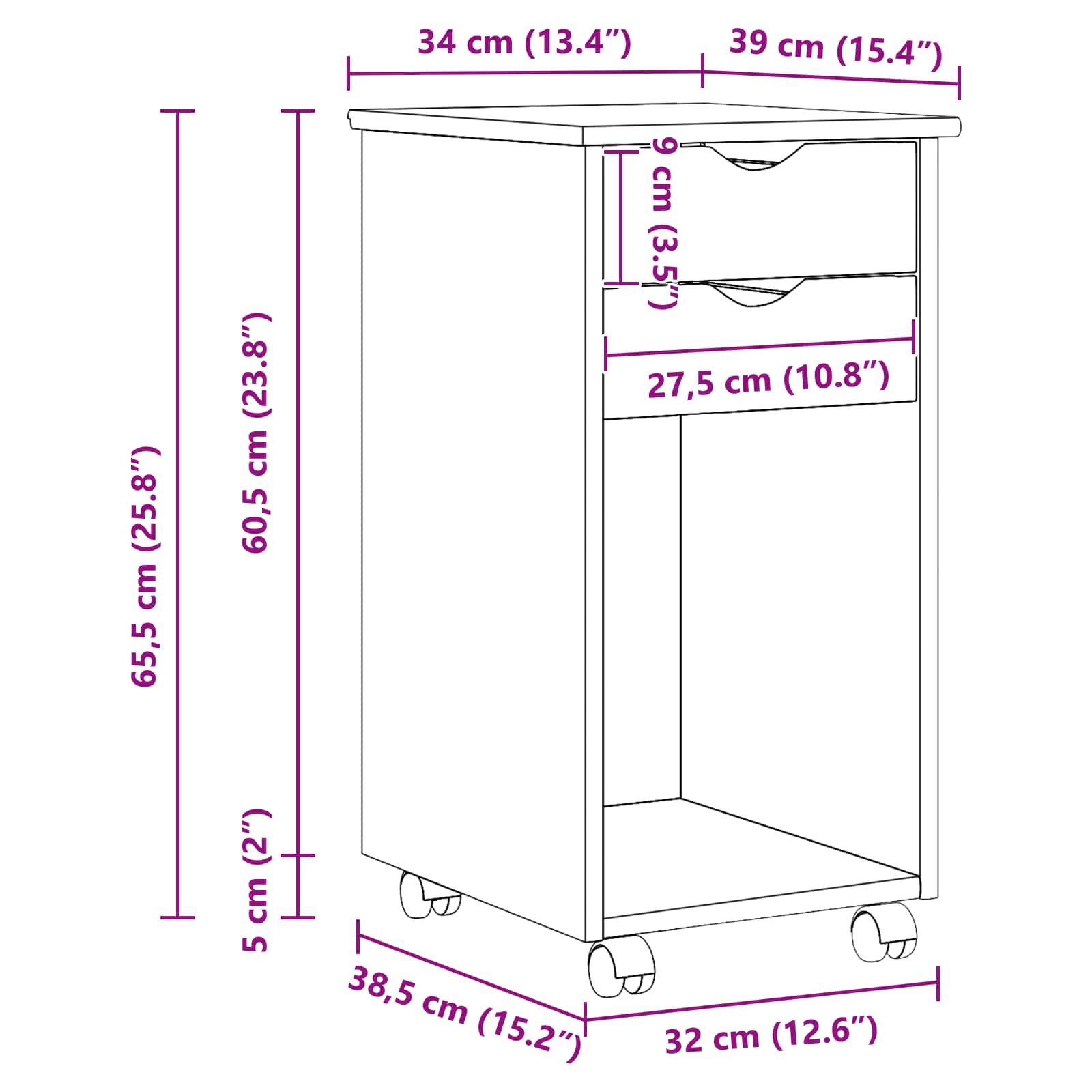 Gabinete rodante 34 x 39 x 65,5 cm Pino macizo