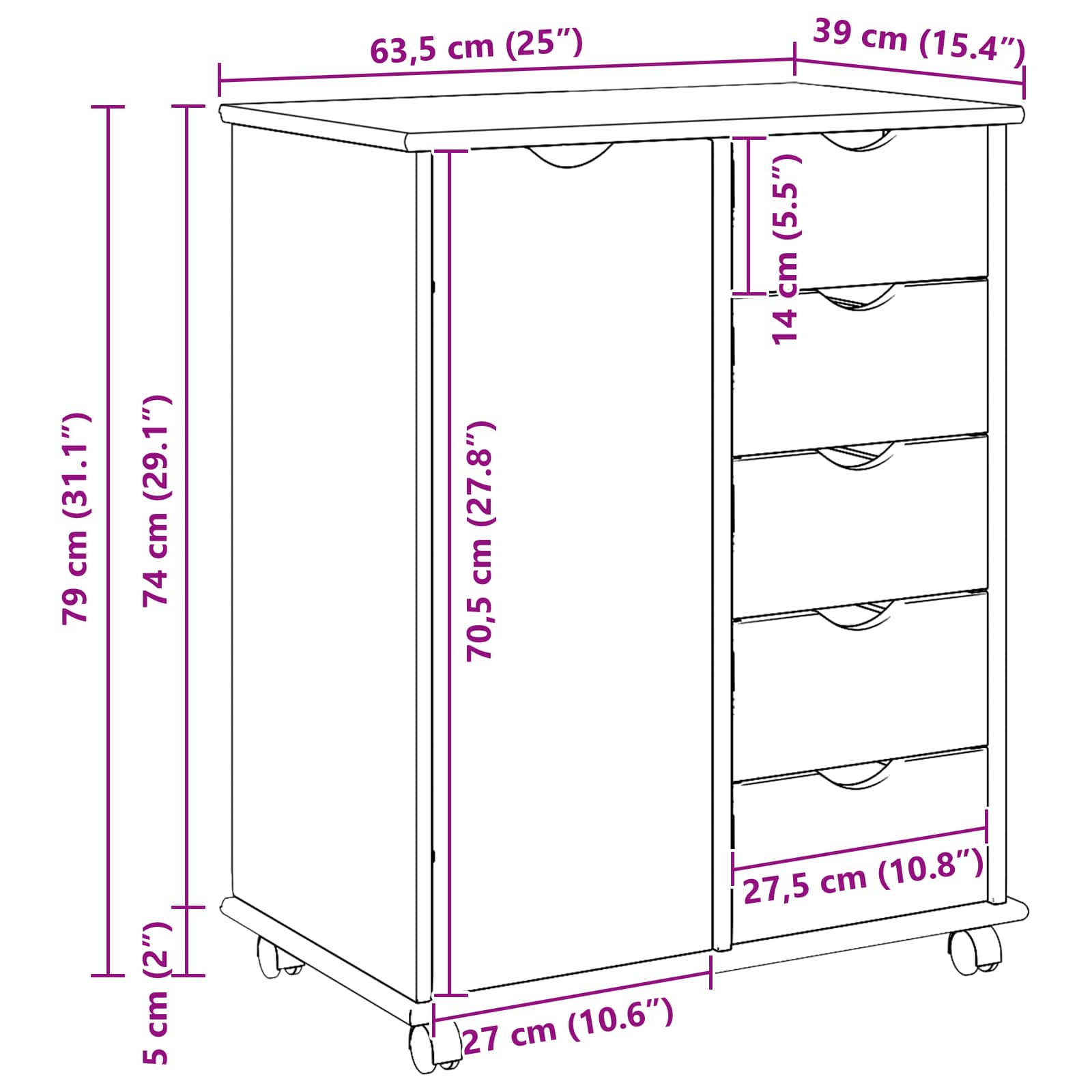 Gabinete rodante 63,5 x 39 x 79 cm Madera de Pino Macizo