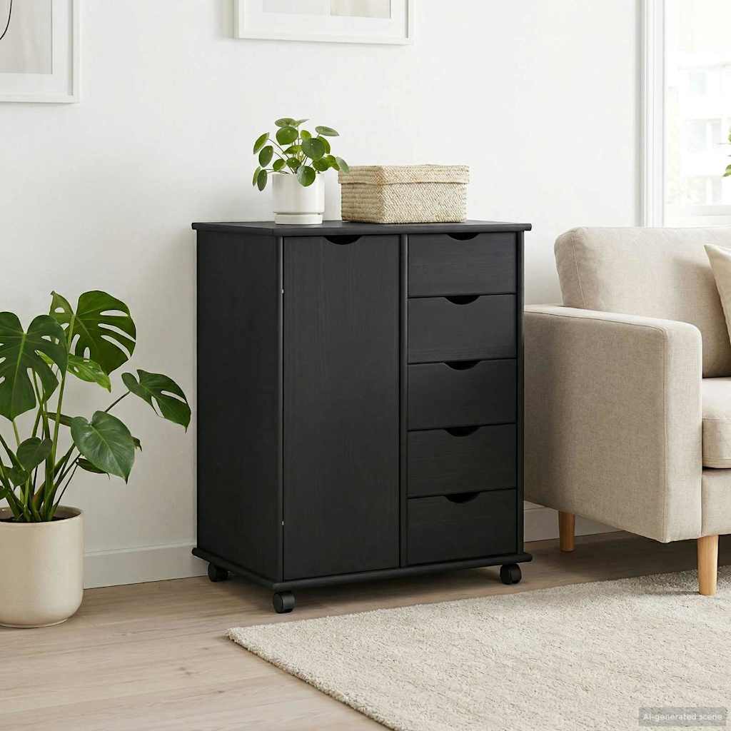 Gabinete rodante Negro 63,5 x 39 x 79 cm Madera de Pino Macizo