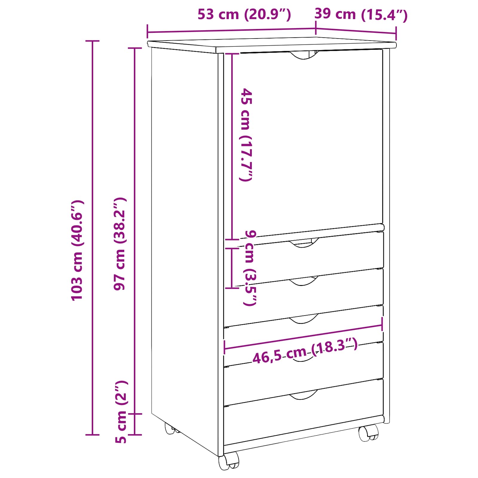 Gabinete rodante 53 x 39 x 103 cm Madera de Pino Macizo