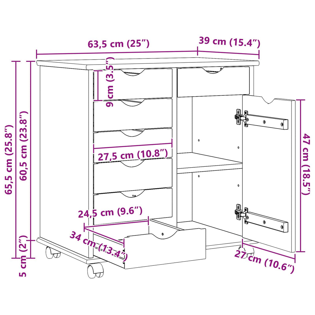 Gabinete rodante 63,5 x 39 x 65,5 cm Madera de Pino Macizo