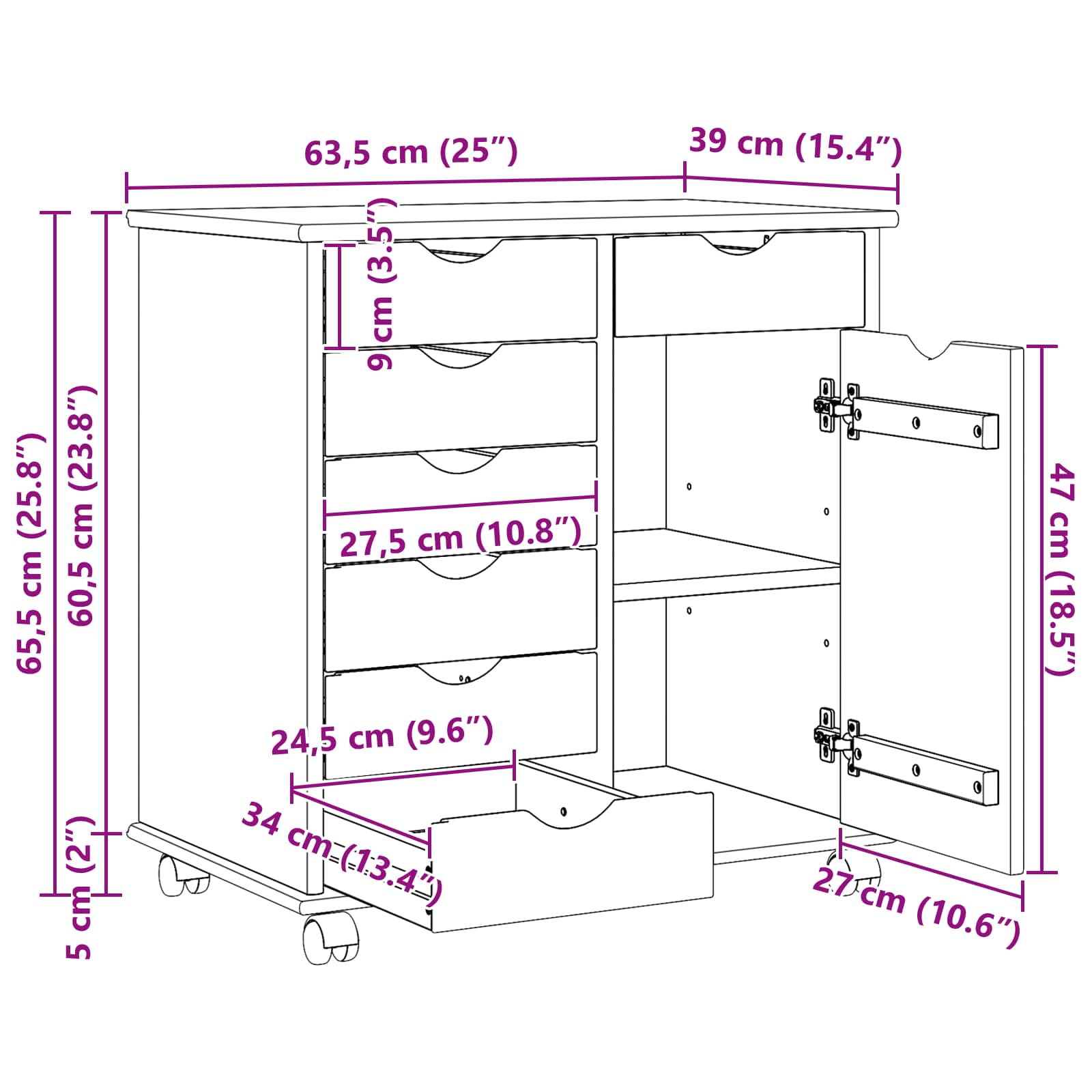 Gabinete rodante 63,5 x 39 x 65,5 cm Madera de Pino Macizo