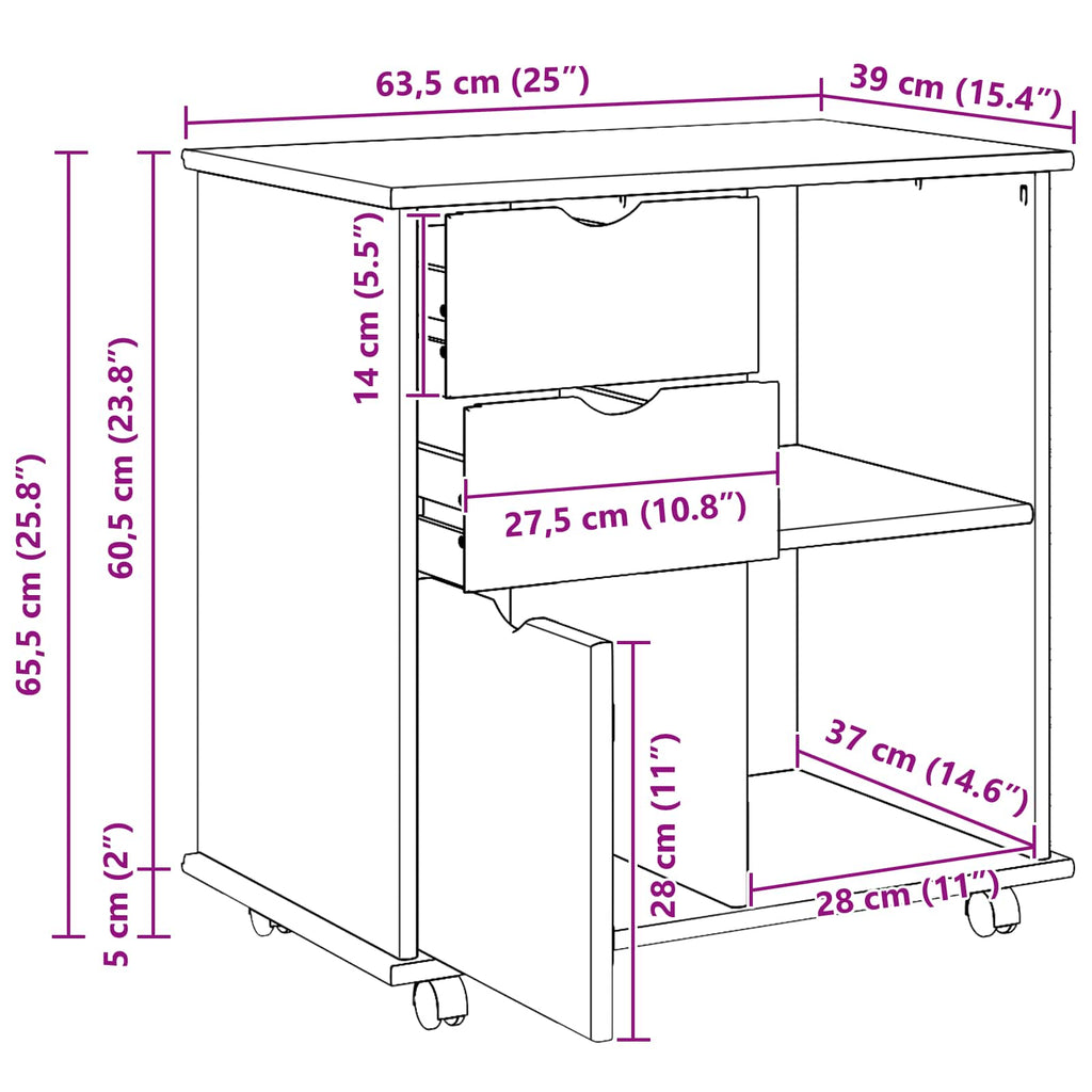Gabinete rodante 63,5 x 39 x 65,5 cm Madera de Pino Macizo