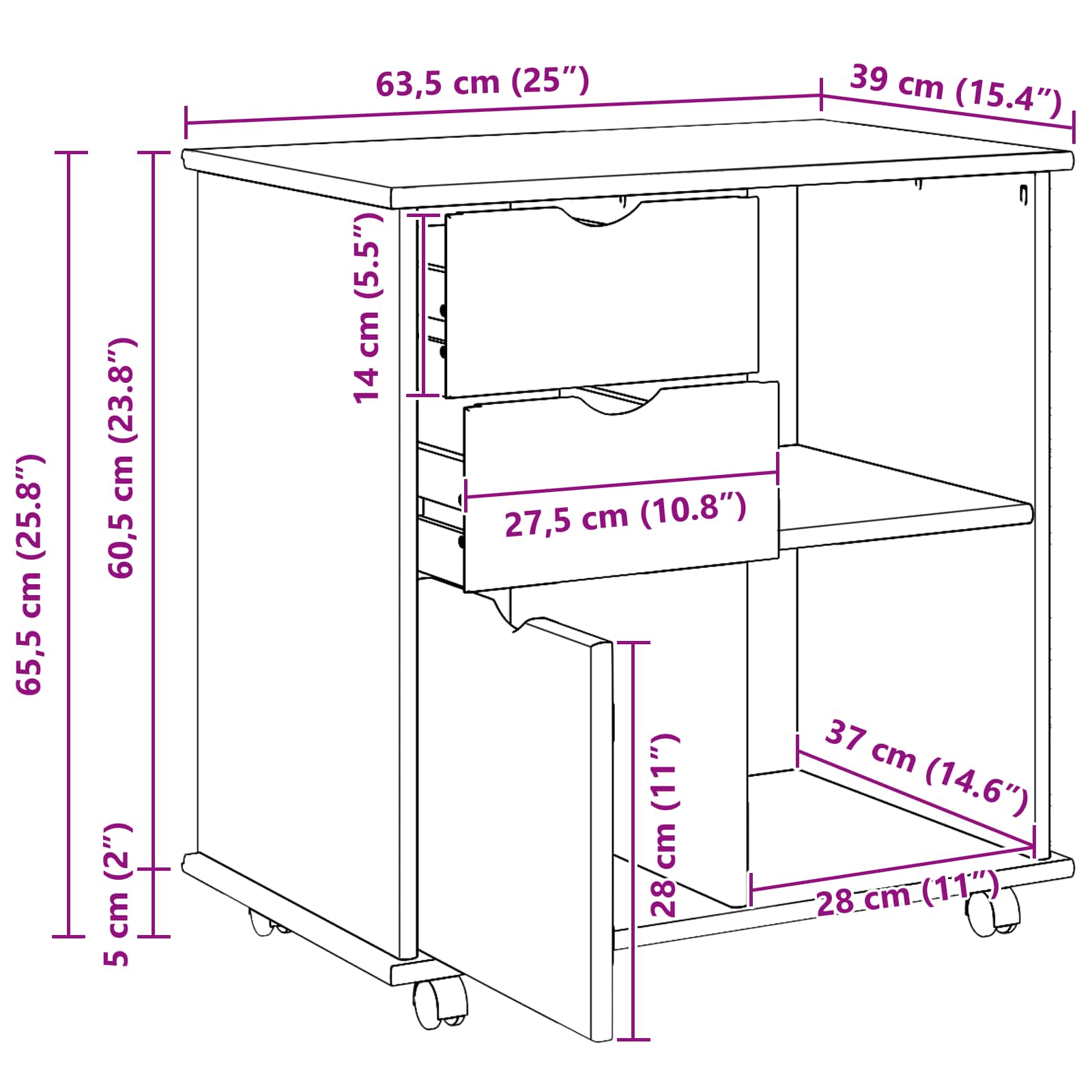 Gabinete rodante 63,5 x 39 x 65,5 cm Madera de Pino Macizo