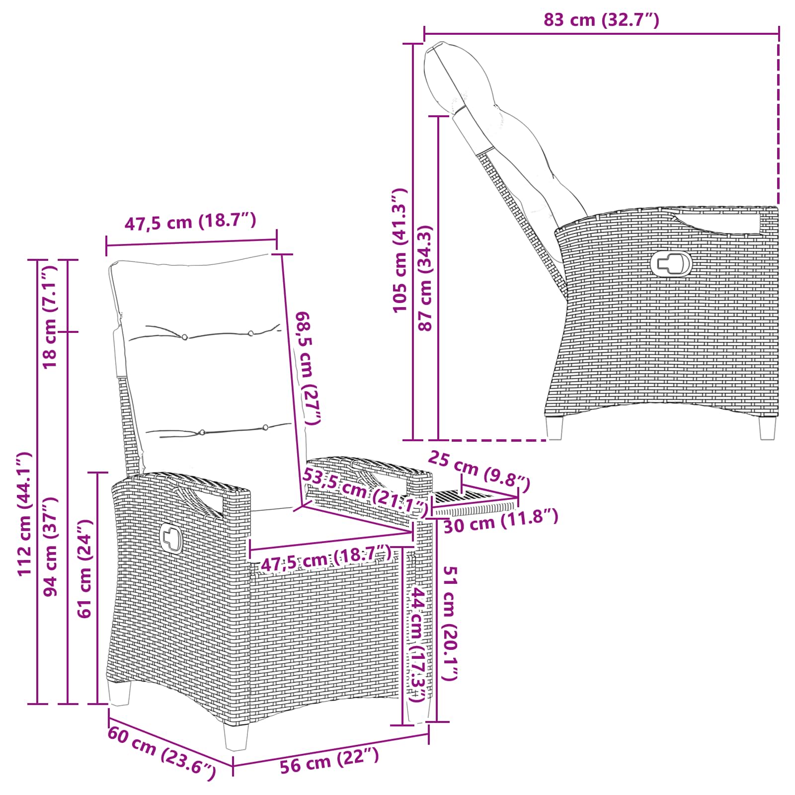 Silla de jardín reclinable 56 x 60 x 112 cm acero