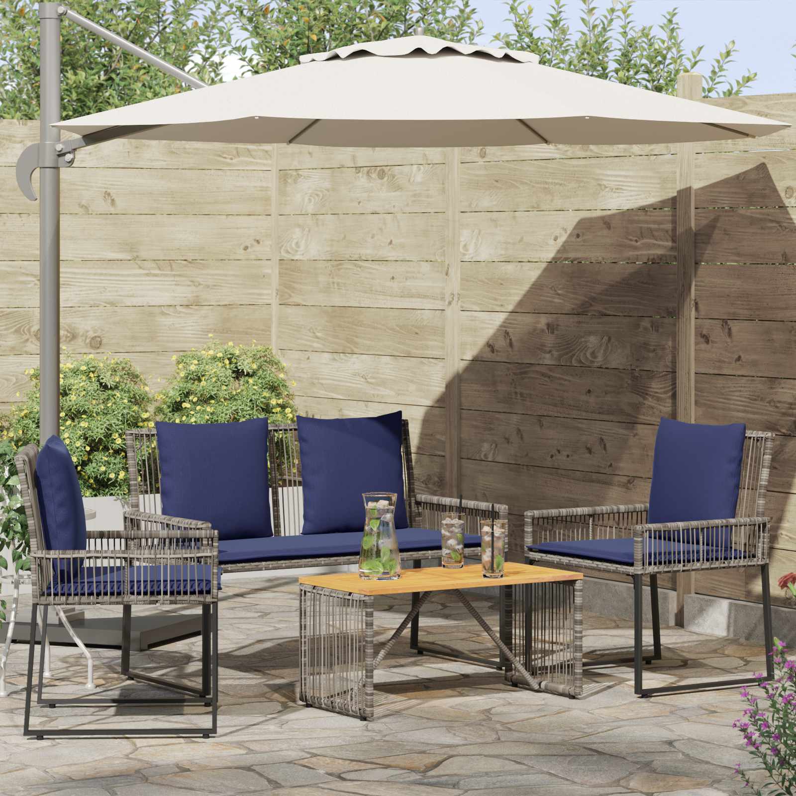 Juego de muebles de exterior 11 pcs Gris y azul marino