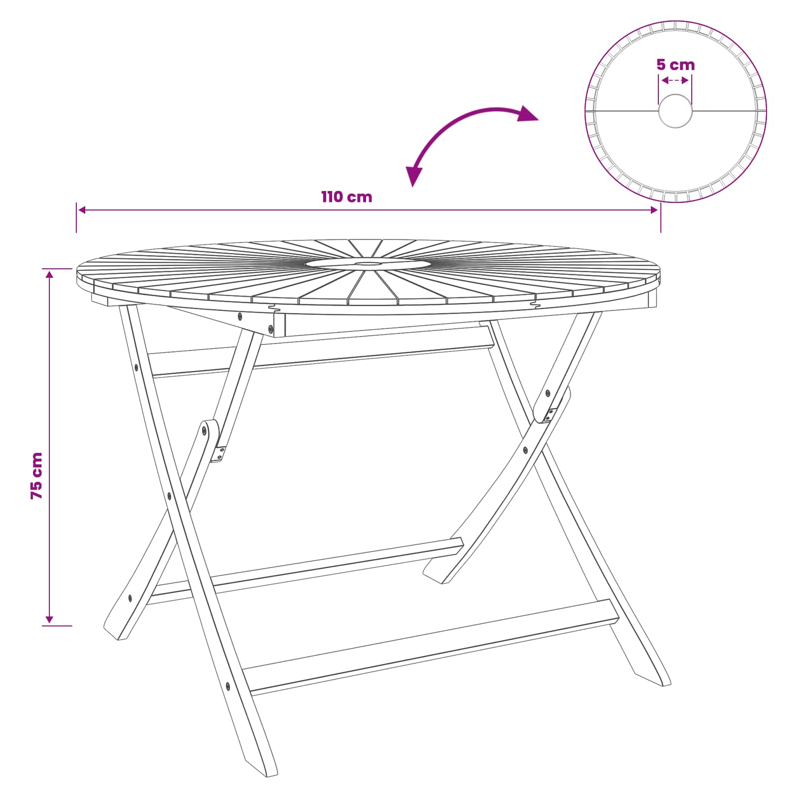 Mesa de jardín plegable Natural Ø110 x 75 cm