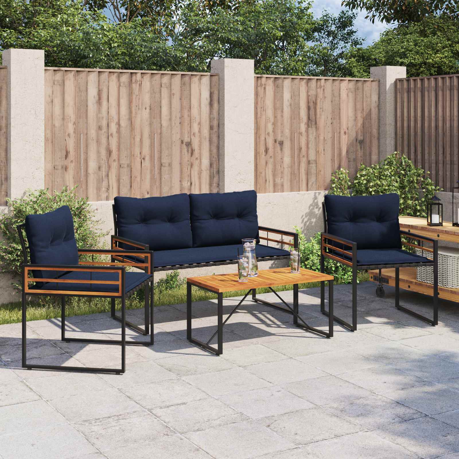 Juego de muebles de exterior con cojín 3 pcs Azul Marino